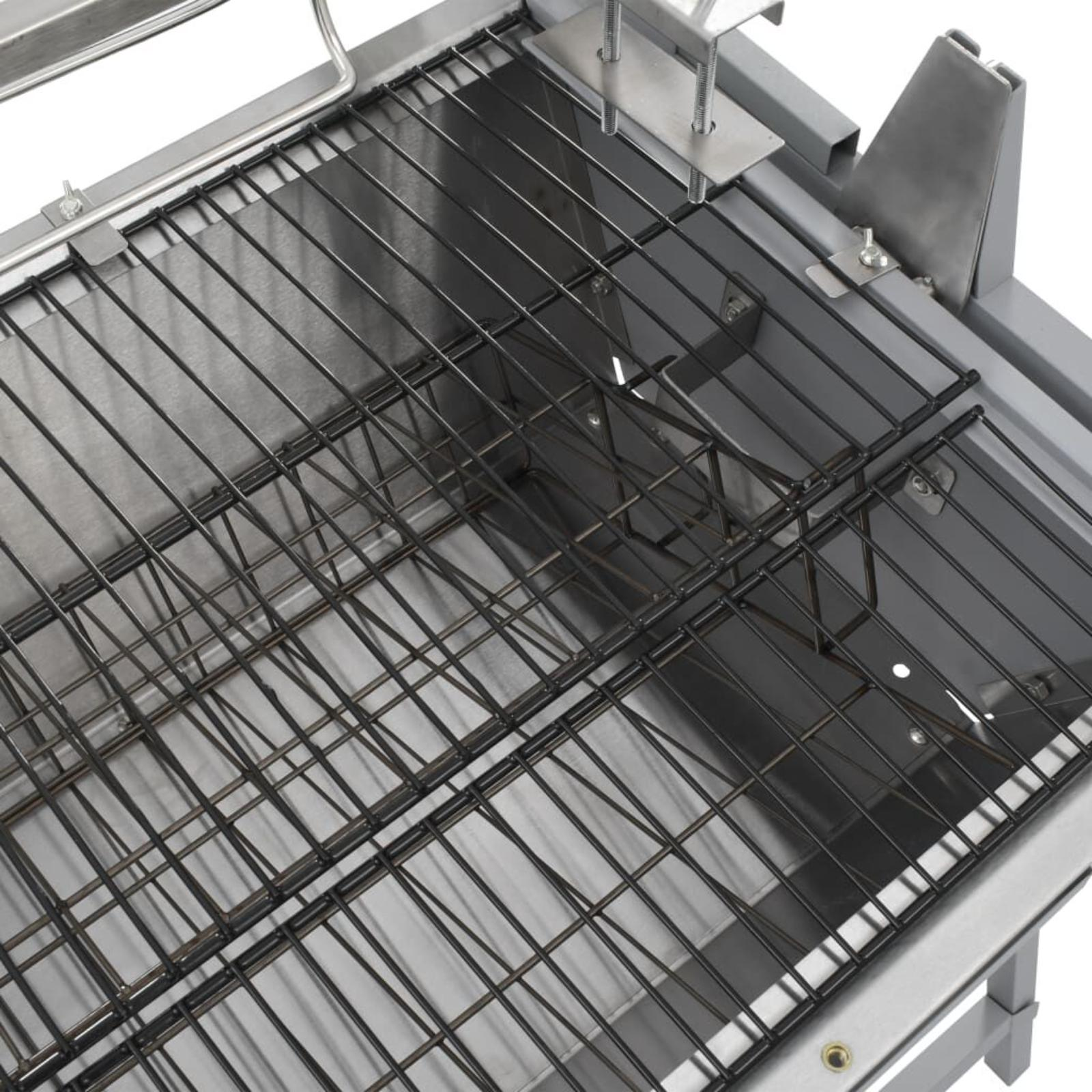 Nahaufnahme eines grauen Drehspießgrills. Der Grill hat zwei Ebenen mit Metallstäben.