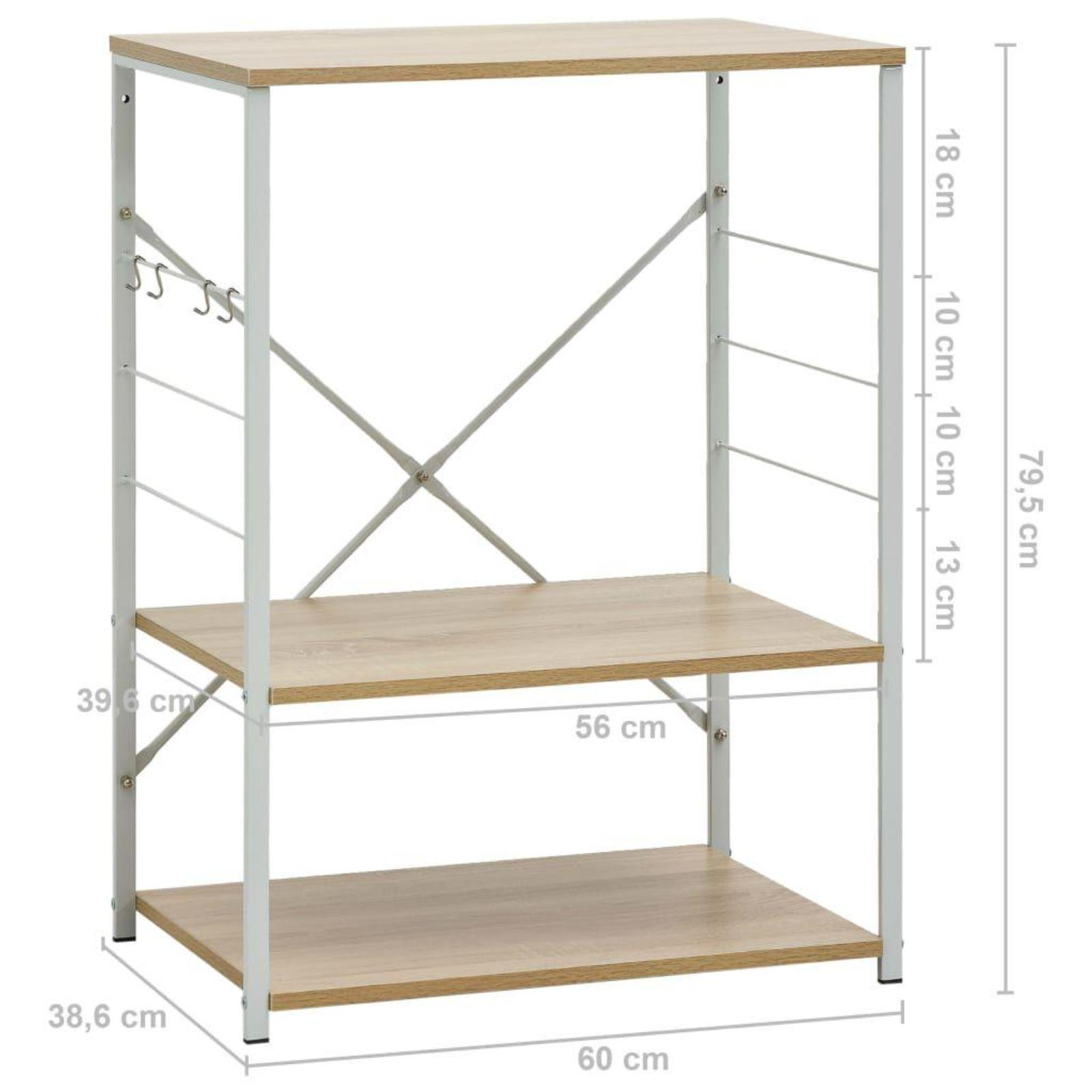 Holzregale mit weißem Metallrahmen, Abmessungen in cm.