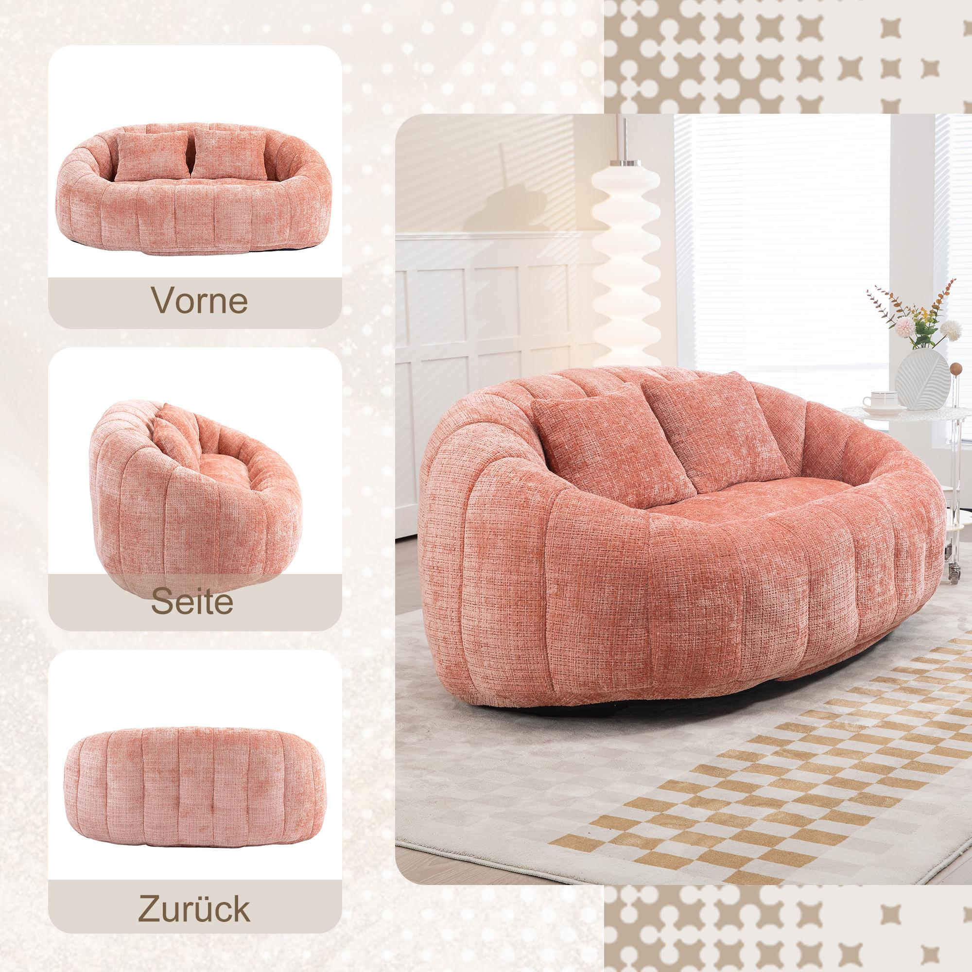 Verschiedene Ansichten eines rosa Sofas mit zwei Kissen, auf einem gemusterten Teppich.