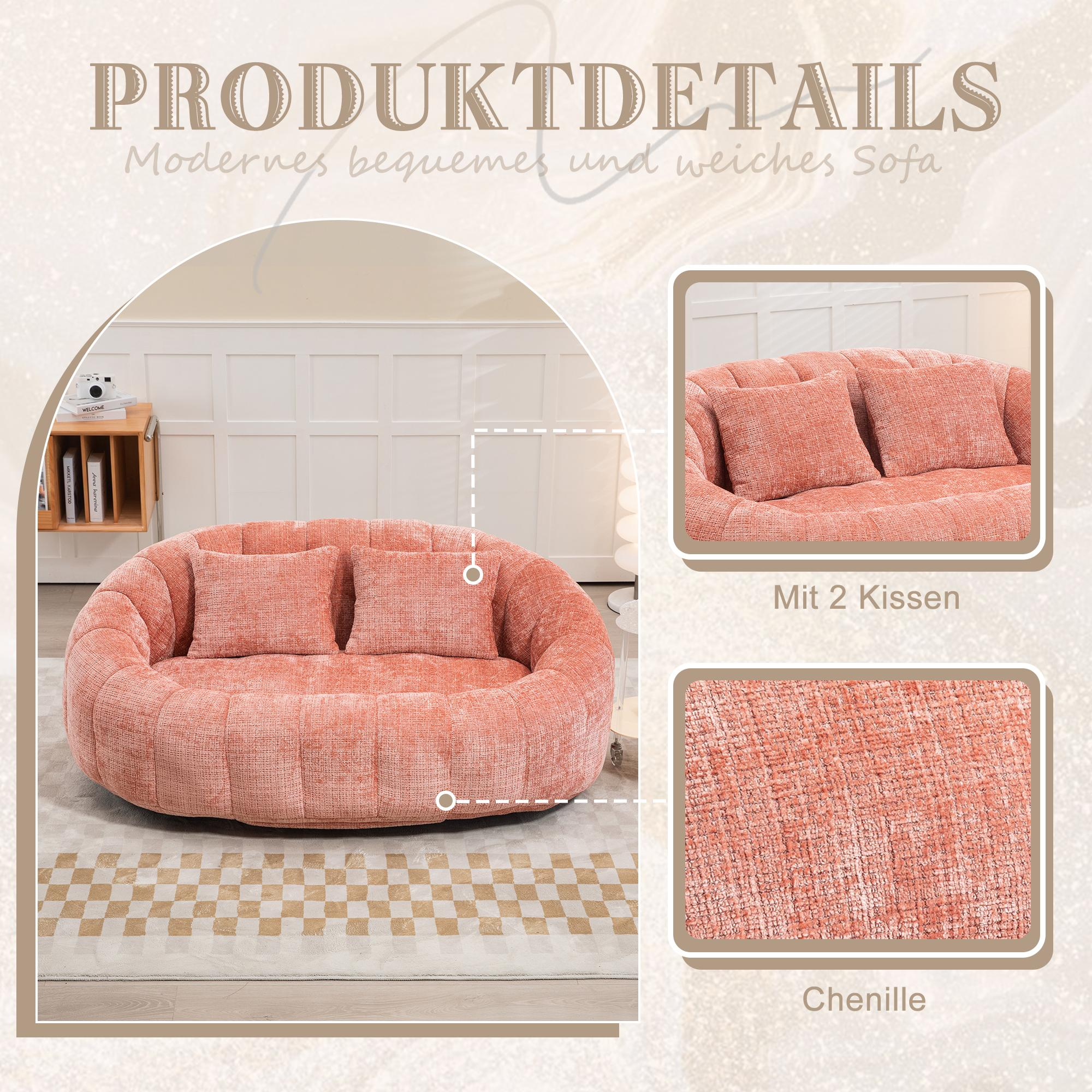 Rosa Sofa mit zwei Kissen, Nahaufnahme des Stoffes und Details.