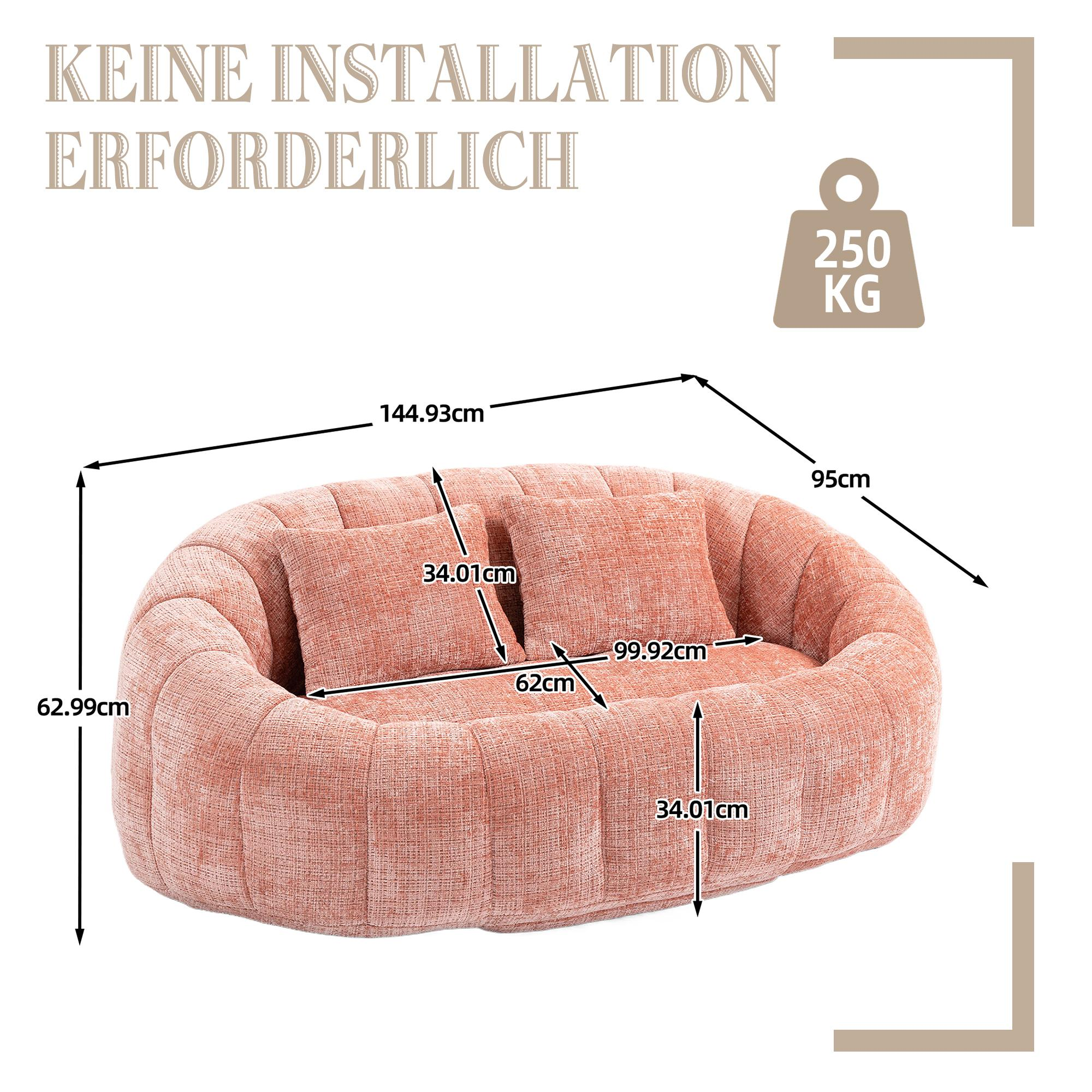 Ein rosa Sofa mit zwei Kissen. Abmessungen sind angegeben. Das Sofa erfordert keine Installation.