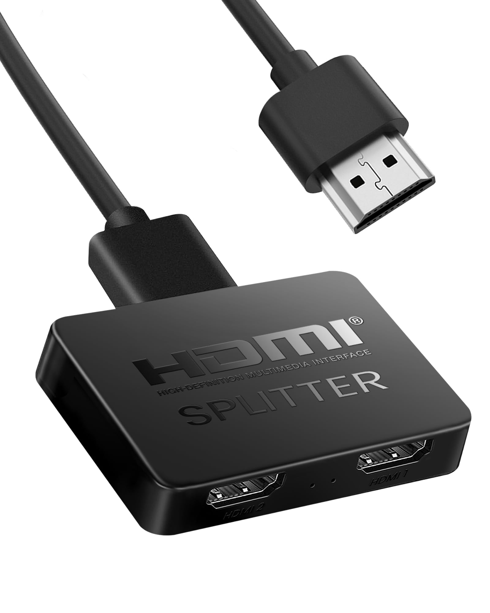 Ein schwarzer HDMI-Splitter mit HDMI-Eingängen und -Ausgängen. Das Gerät ist mit einem Kabel verbunden.