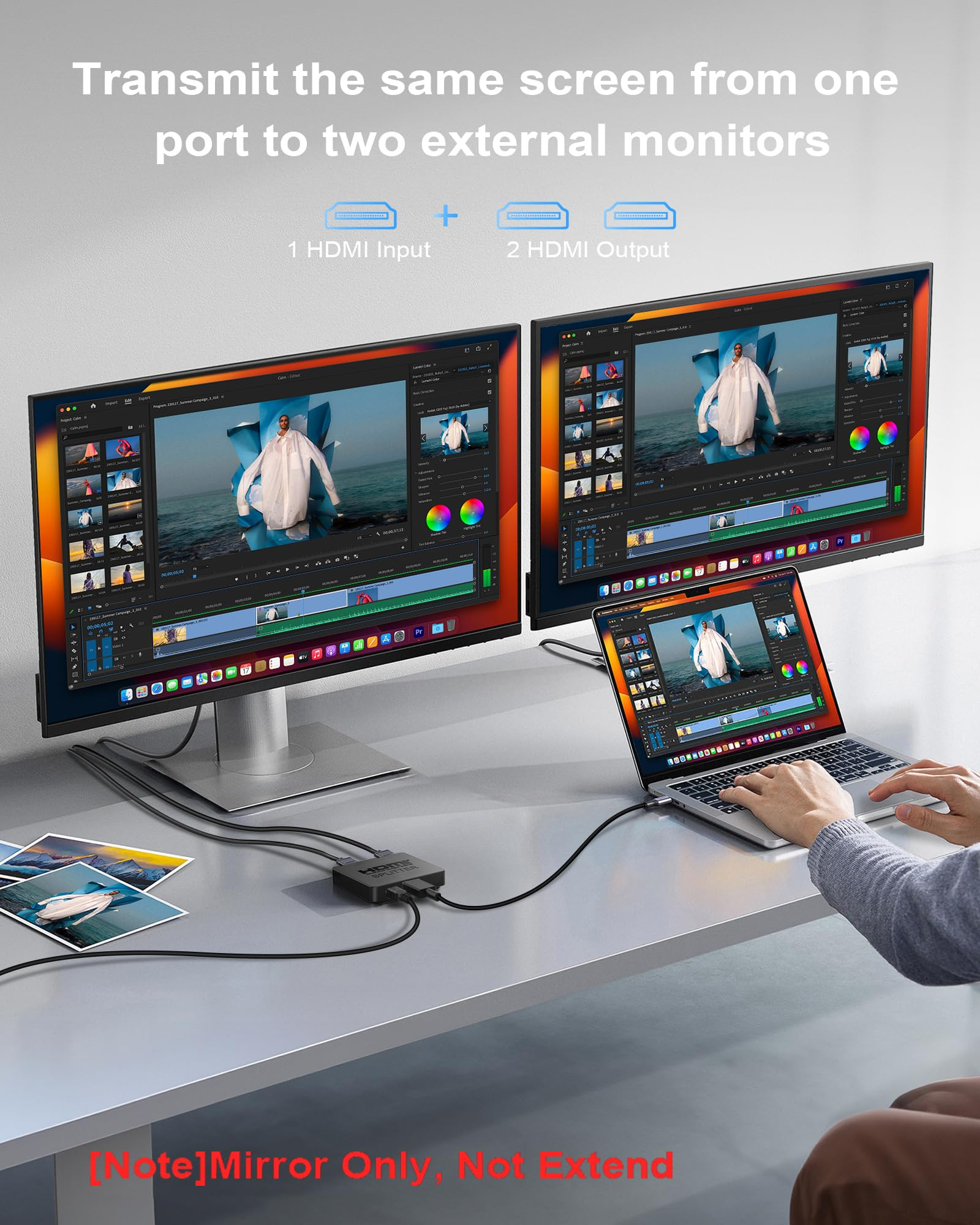 Laptop über einen schwarzen HDMI-Splitter mit zwei Monitoren verbunden.