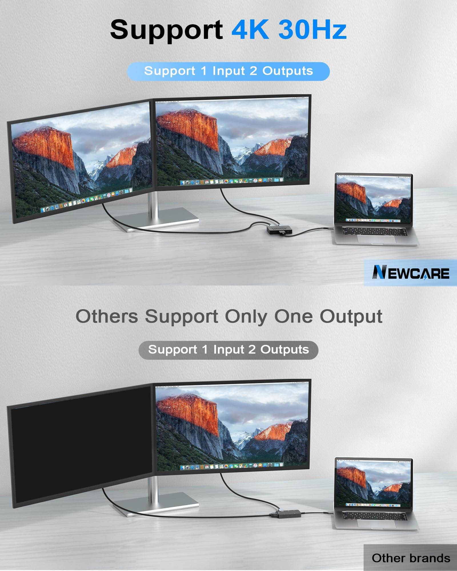 Bild zeigt einen Laptop, der mit zwei Monitoren verbunden ist. Text weist auf 4K 30Hz Unterstützung und 1 Eingang 2 Ausgänge hin.