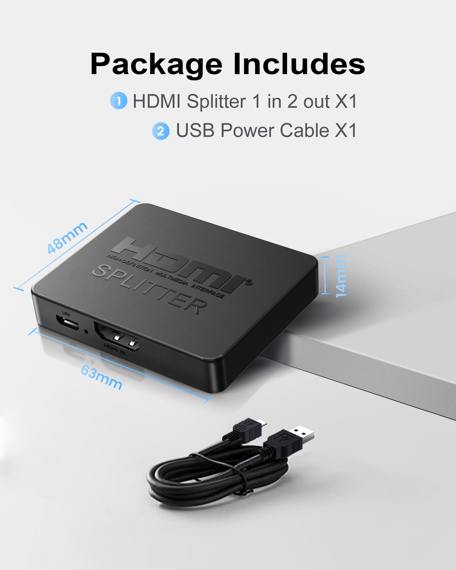 Schwarzer HDMI-Splitter mit Abmessungen und USB-Stromkabel. Text sagt HDMI-Splitter und USB-Stromkabel.
