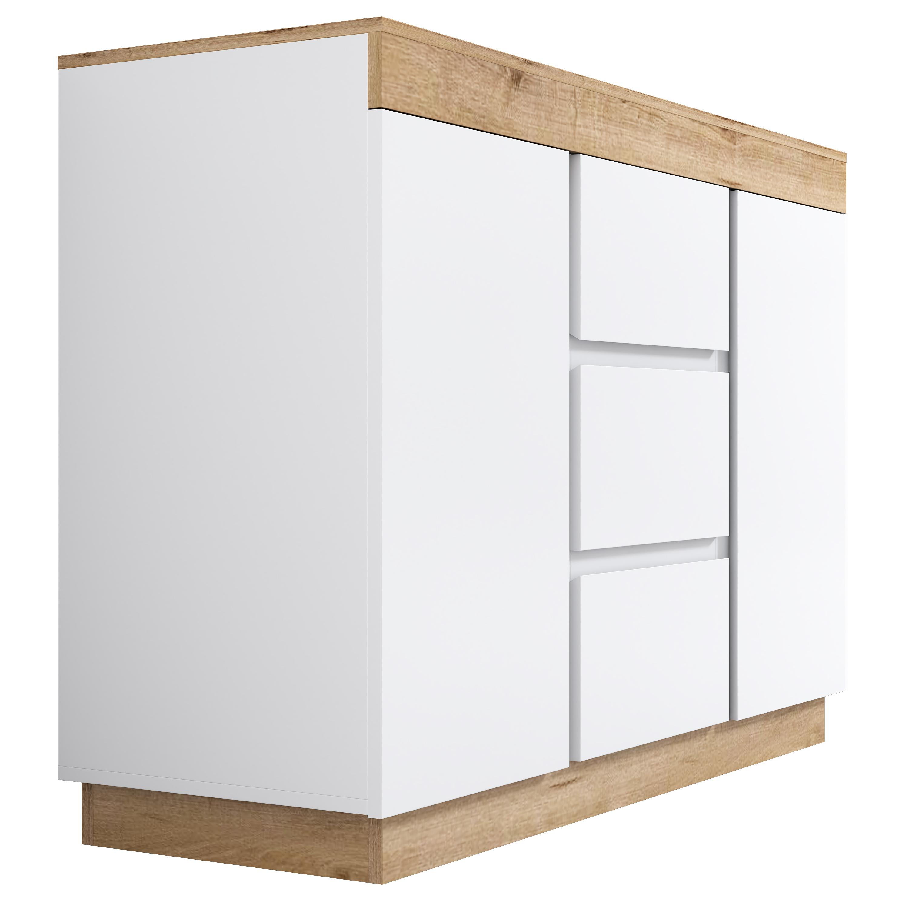Weißer Schrank mit Holzplatte und -sockel. Drei Schubladen sind sichtbar, Türen geschlossen. Seitenansicht.
