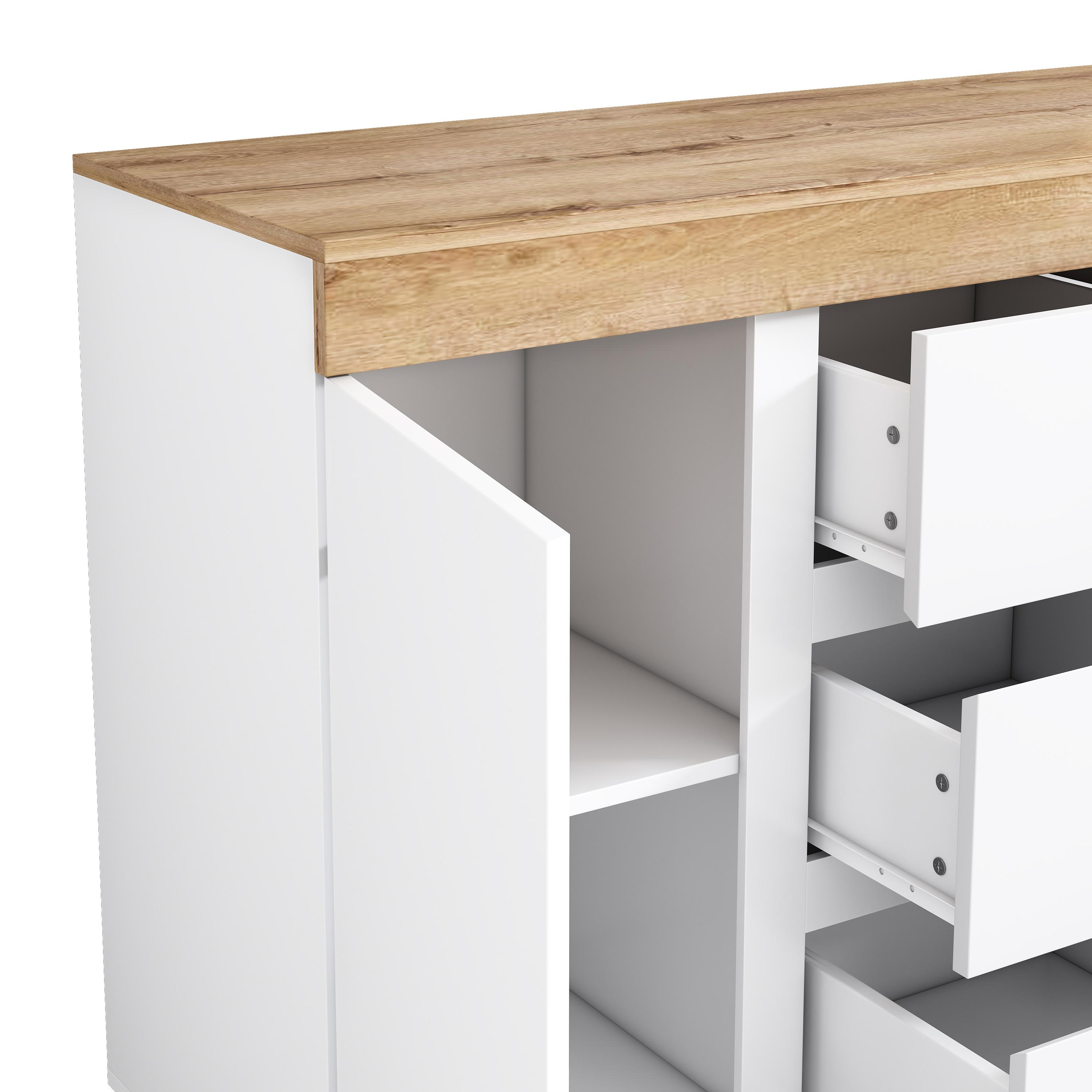 Weißer Schrank mit Holzplatte und -sockel. Eine Tür offen, Regale und Schubladen sichtbar.