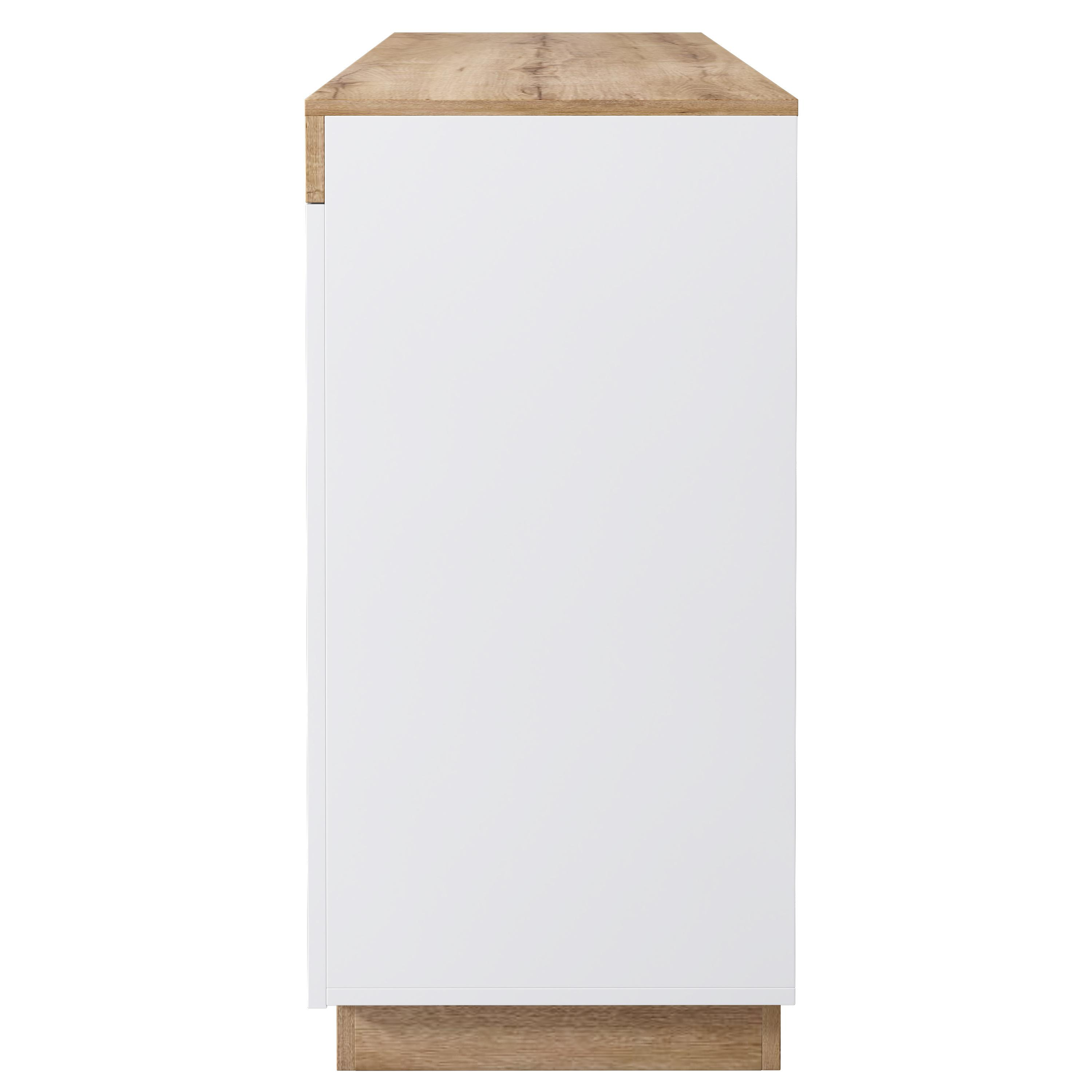 Ein weißer Schrank mit einer Holzplatte und einem Sockel. Der Schrank ist geschlossen, mit einem einfachen, modernen Design.