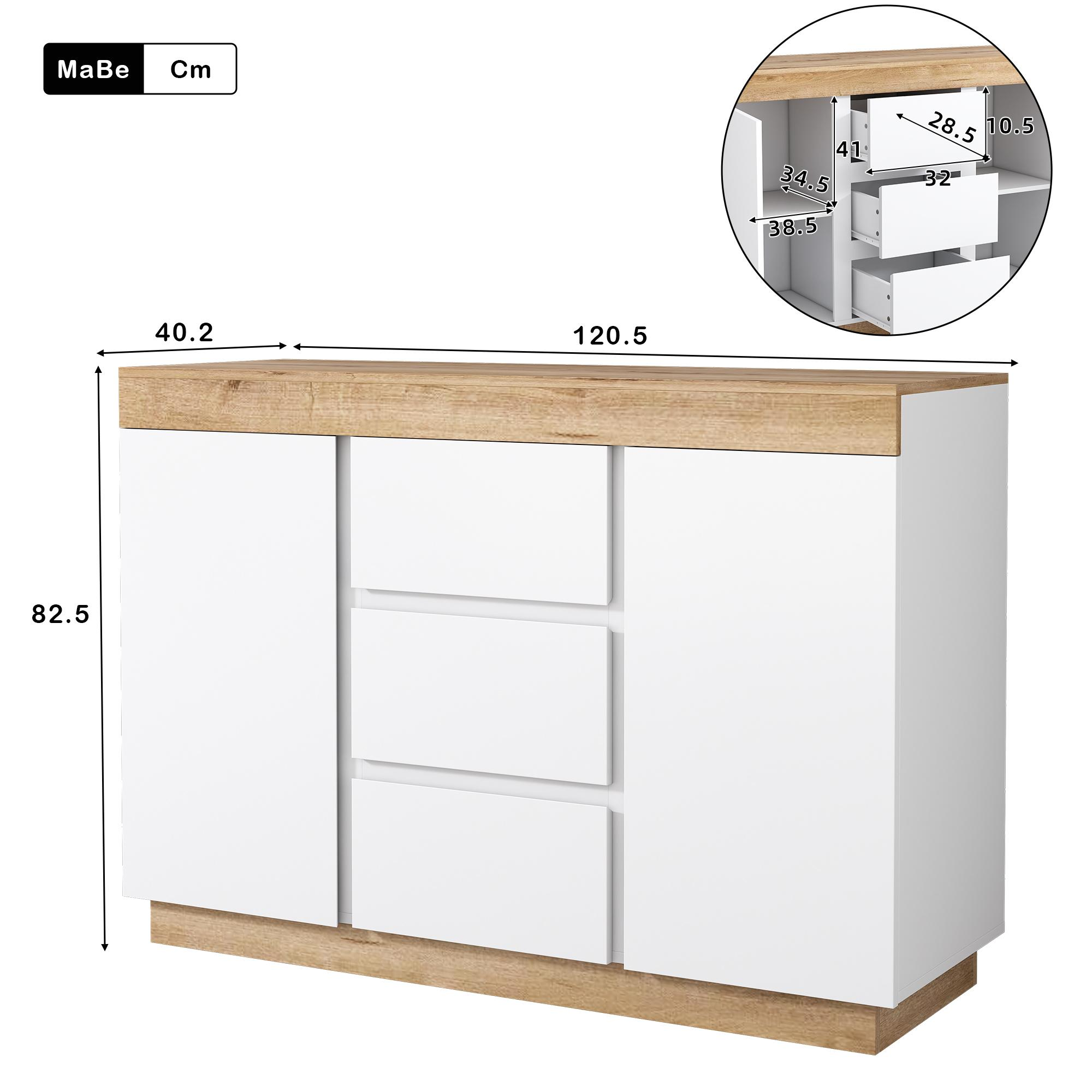Weißer Schrank mit Holzplatte und -sockel. Abmessungen werden mit Nahaufnahme von Schublade und Regal gezeigt.