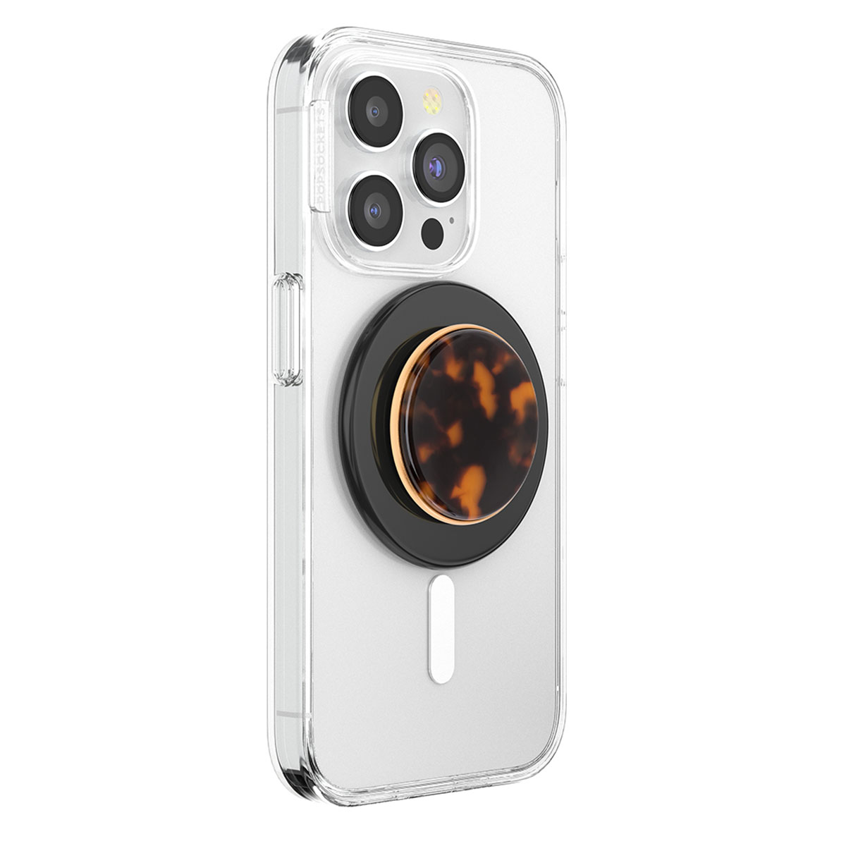 Custodia trasparente per telefono con un PopSocket nero. Il PopSocket ha un bordo dorato e un design tartarugato.