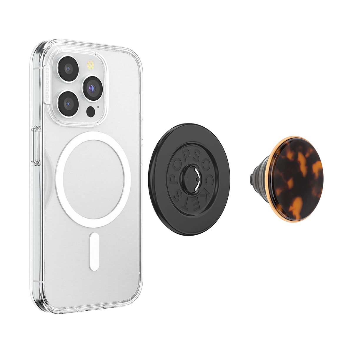 Custodia trasparente per telefono con un cerchio bianco. Un supporto circolare nero e un pop socket marrone e nero.