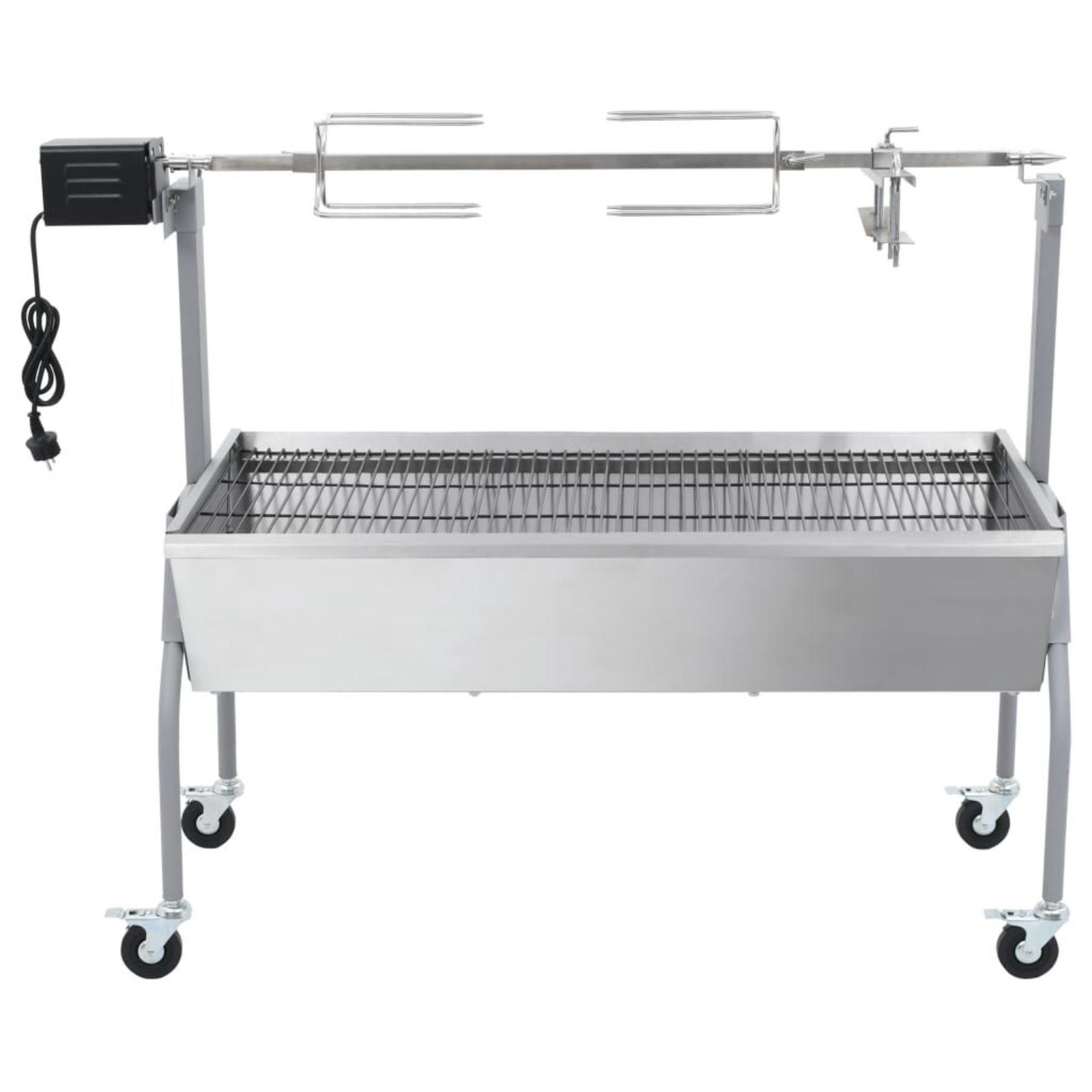 Edelstahl-Grill mit Drehspieß. Hat Räder und einen schwarzen Elektromotor.