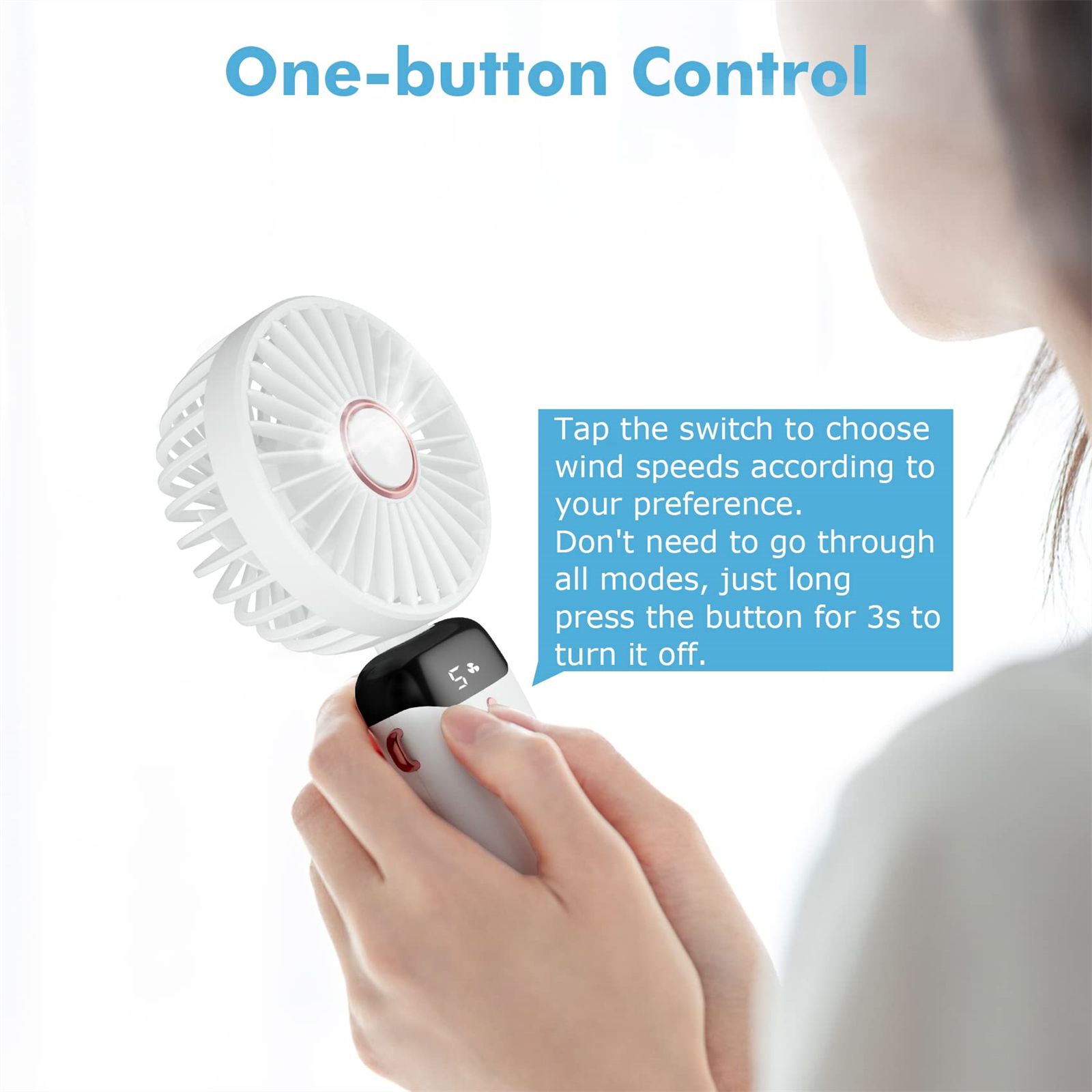 Eine Frau hält einen weißen Ventilator mit Ein-Knopf-Steuerung. Text beschreibt, wie man Lüftergeschwindigkeiten auswählt.