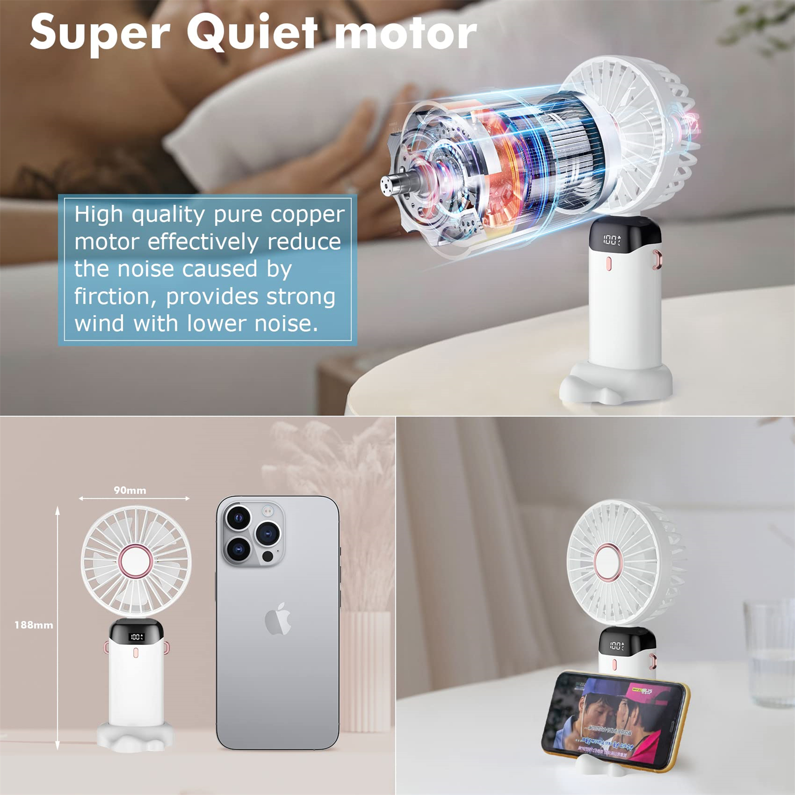 Weißer tragbarer Ventilator mit Digitalanzeige. Er befindet sich in der Nähe eines Telefons. Text: 'Super leiser Motor'.