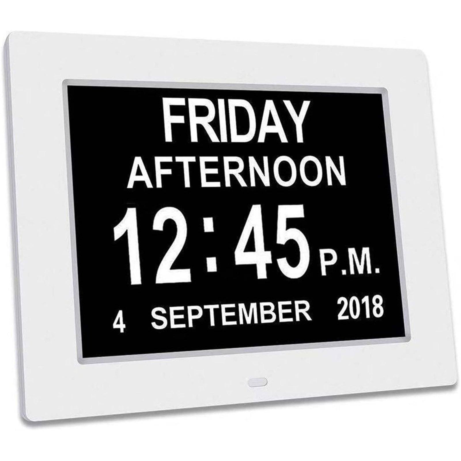 Eine Digitaluhr zeigt 12:45 Uhr nachmittags, Freitag, 4. September 2018 an. Weißer Rahmen.