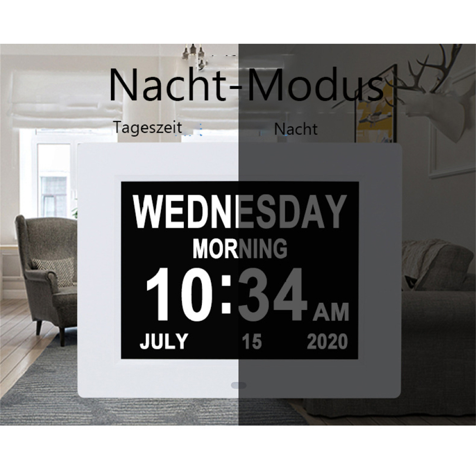 Digitaluhr zeigt Mittwoch, Morgen, 10:34 Uhr, 15. Juli 2020.