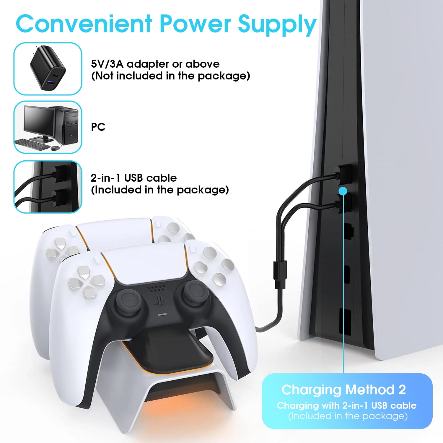 Weiße Ladestation mit zwei Controllern, die über USB-Kabel mit einer Konsole verbunden sind; schwarzer Adapter und PC sichtbar.