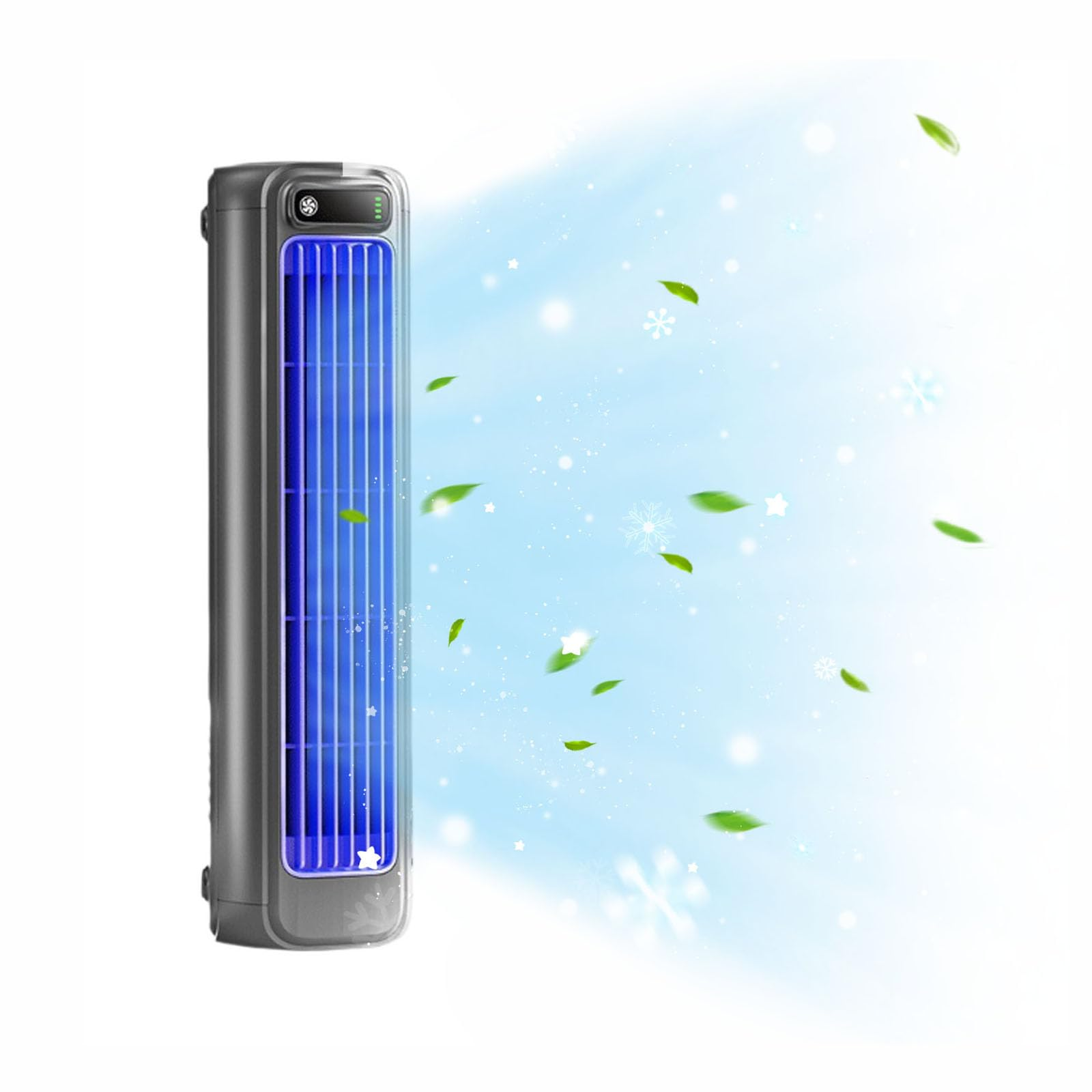 Grauer Turmventilator mit blauen Lichtern und Blättern in der Luft, vor weißem Hintergrund.