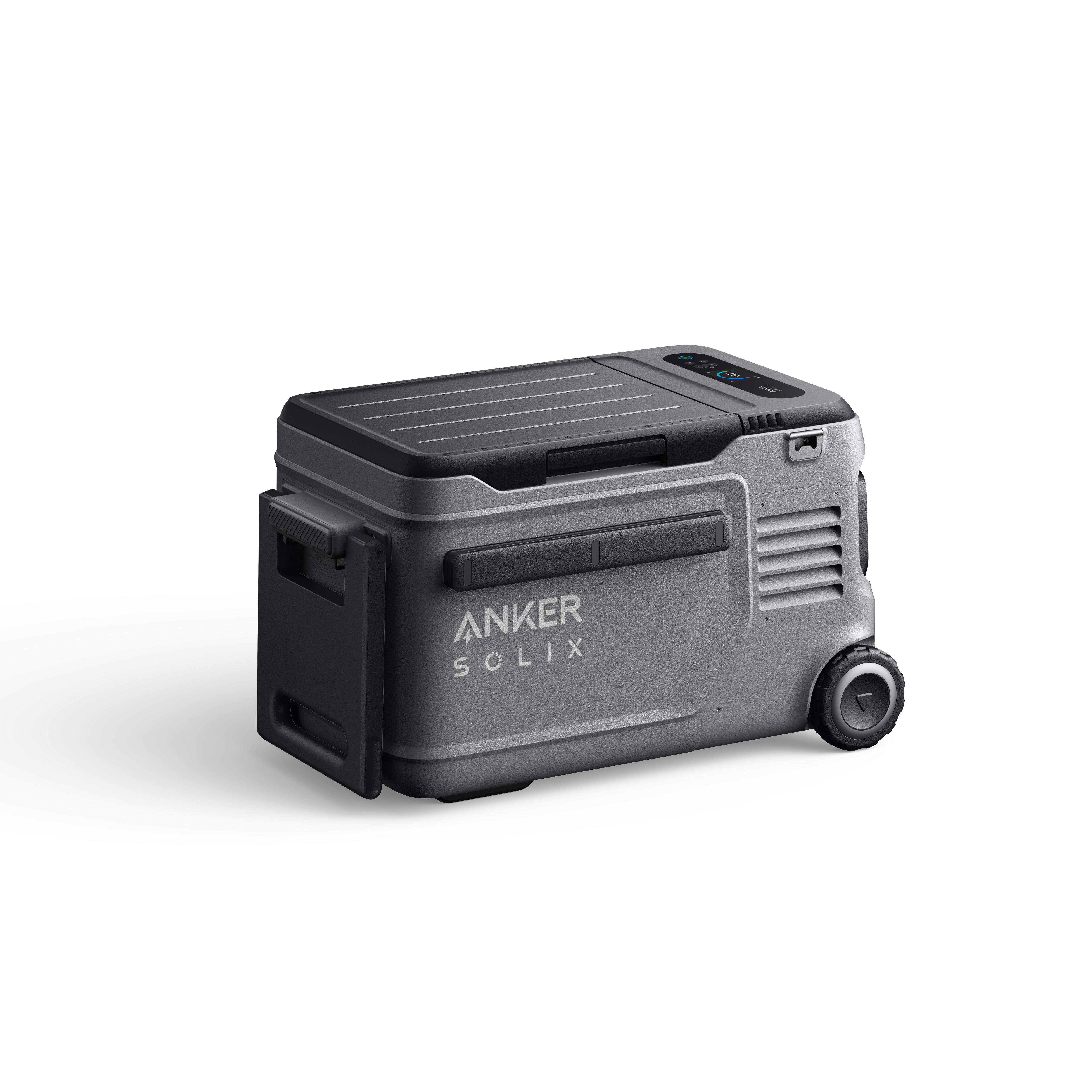 Szara chłodziarka Anker Solix na białym tle, widok z boku, otwarte drzwi.
