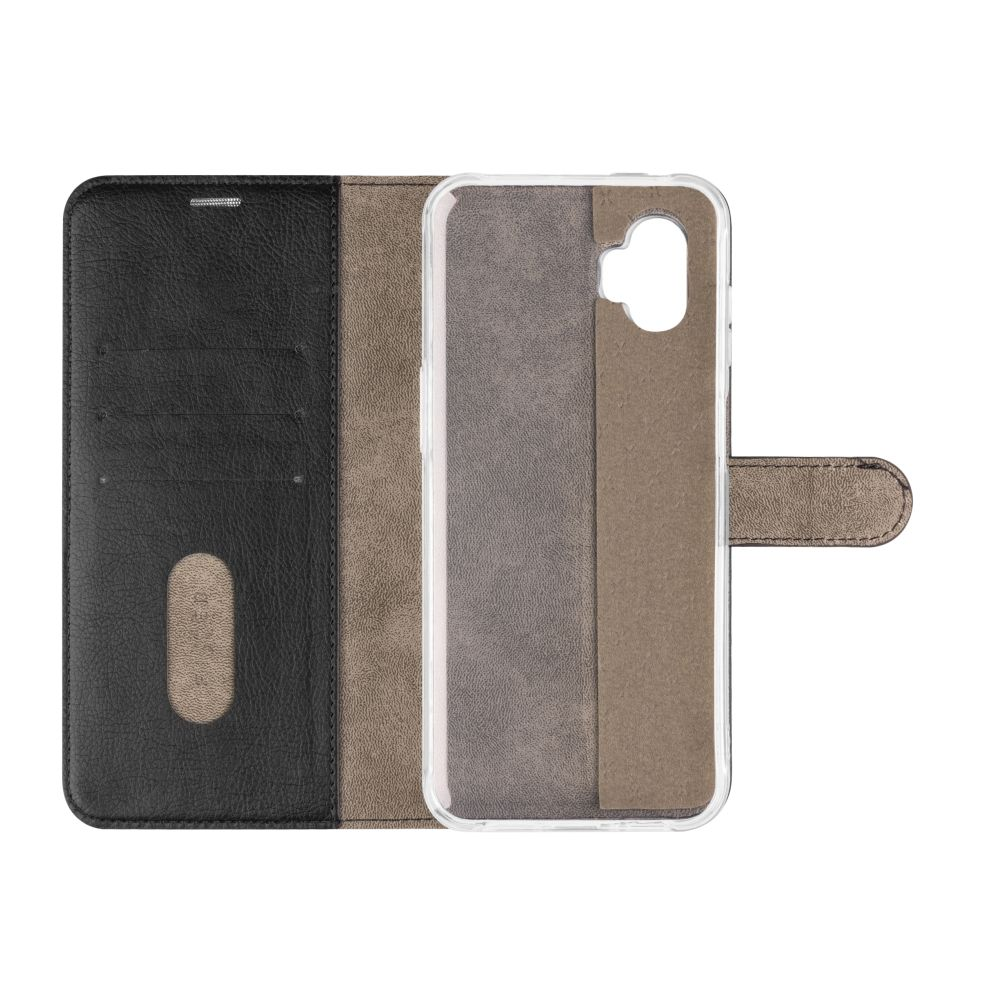 Geschlossene Handyhülle mit Telefon darin. Braune und schwarze Farben.