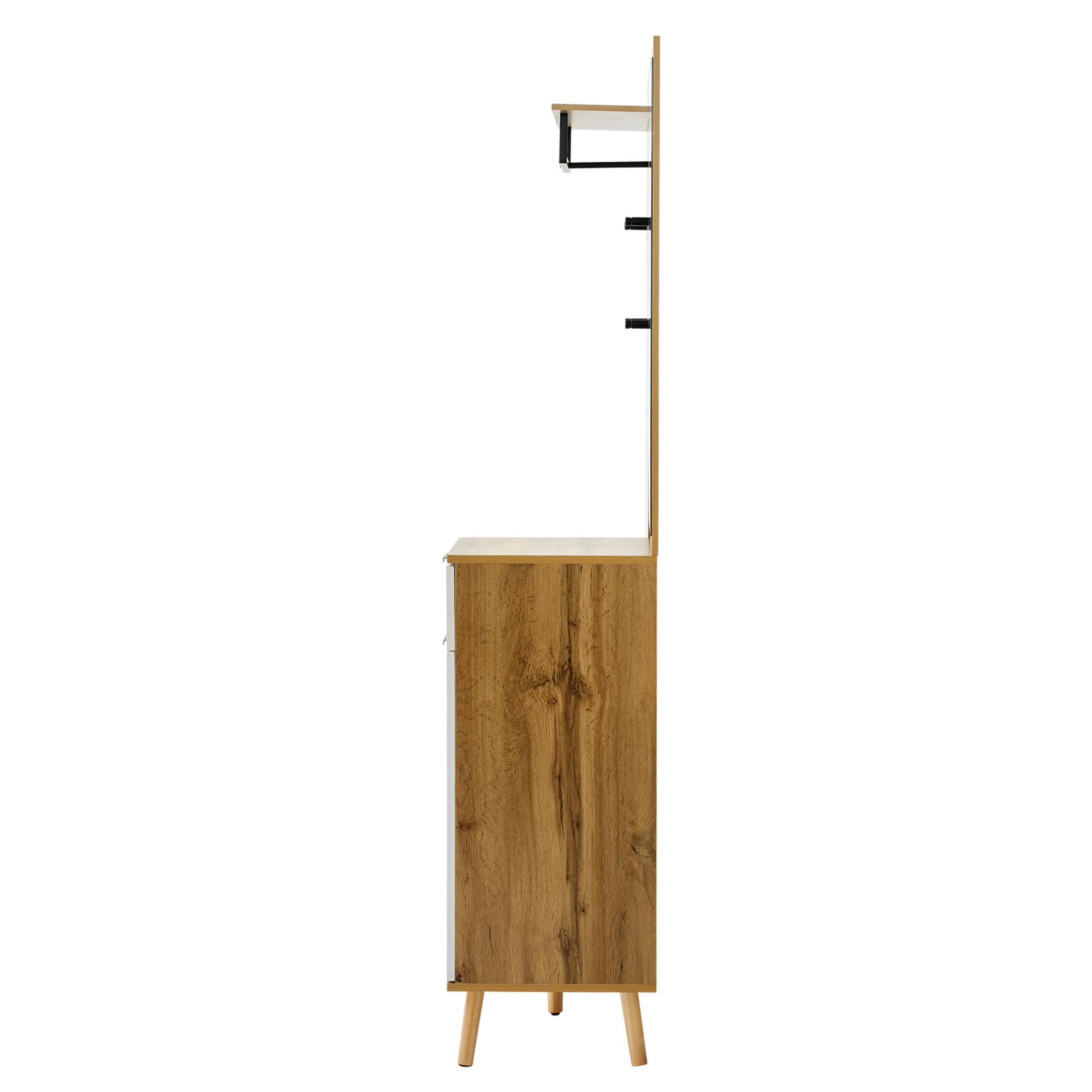 Seitenansicht eines Holzschranks mit weißen Schubladen und einem hohen Spiegel. Klare Linien und minimalistisches Design.