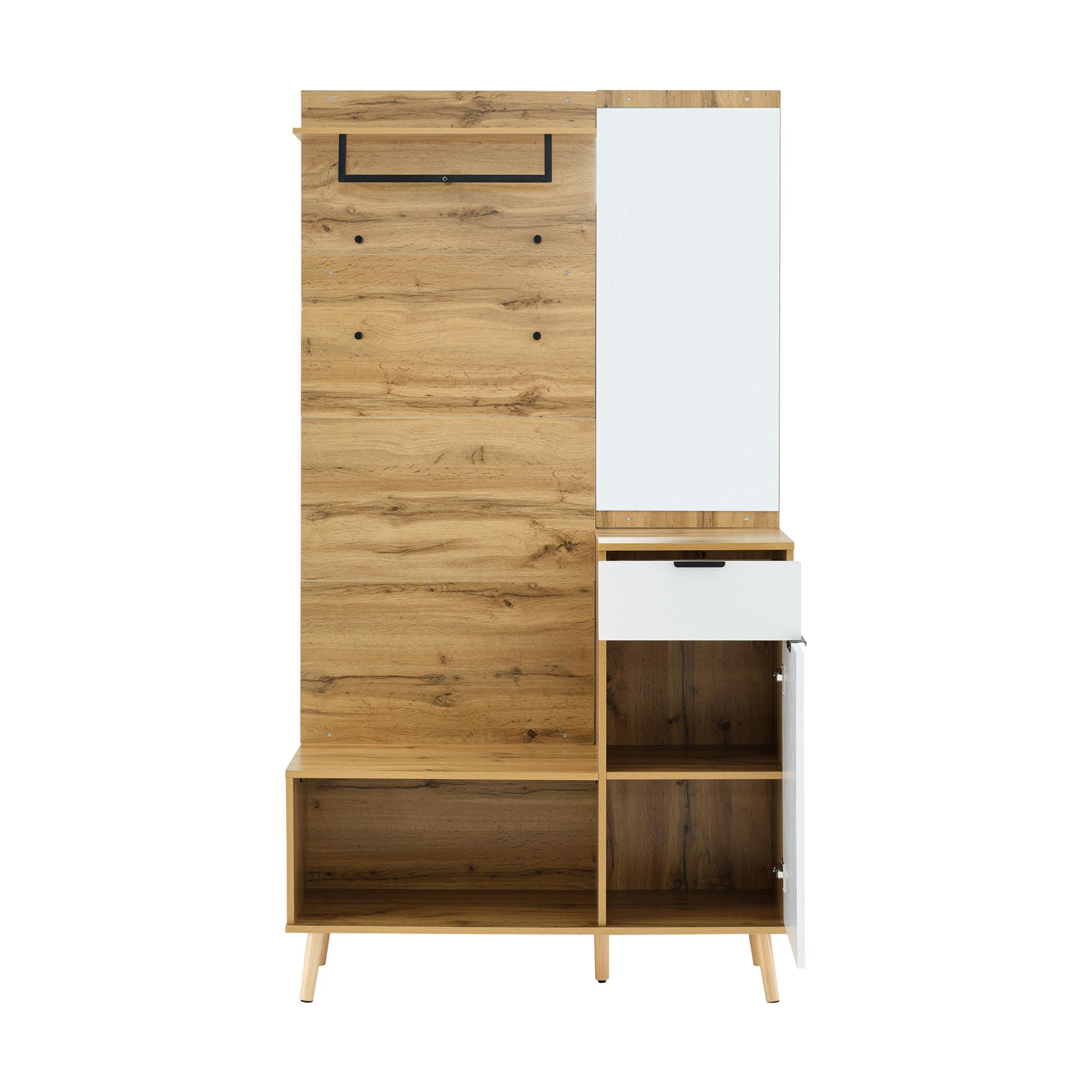 Eingangsschrank aus Holz mit Spiegel und Stauraum. Er hat eine Garderobe, eine Schublade, offene Regale und einen geschlossenen Schrank.