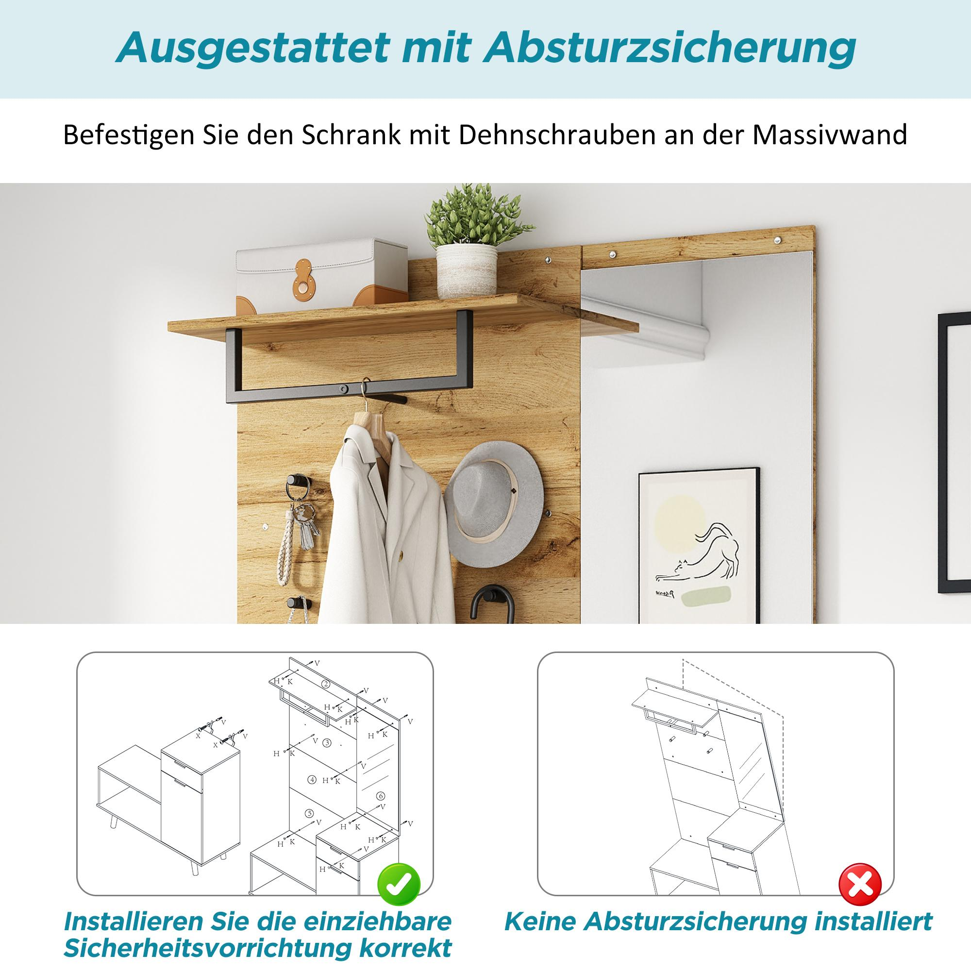 Flur-Aufbewahrungseinheit mit Diagramm. Zeigt korrekte und falsche Installation.