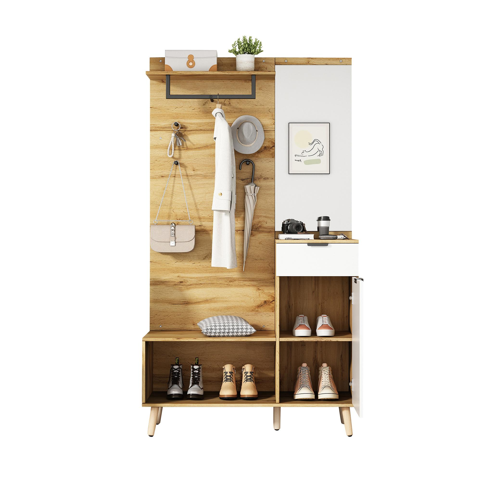 Flurmöbelset mit Spiegel, Garderobe, Schuhaufbewahrung. Holz und Weiß. Zubehör ausgestellt.