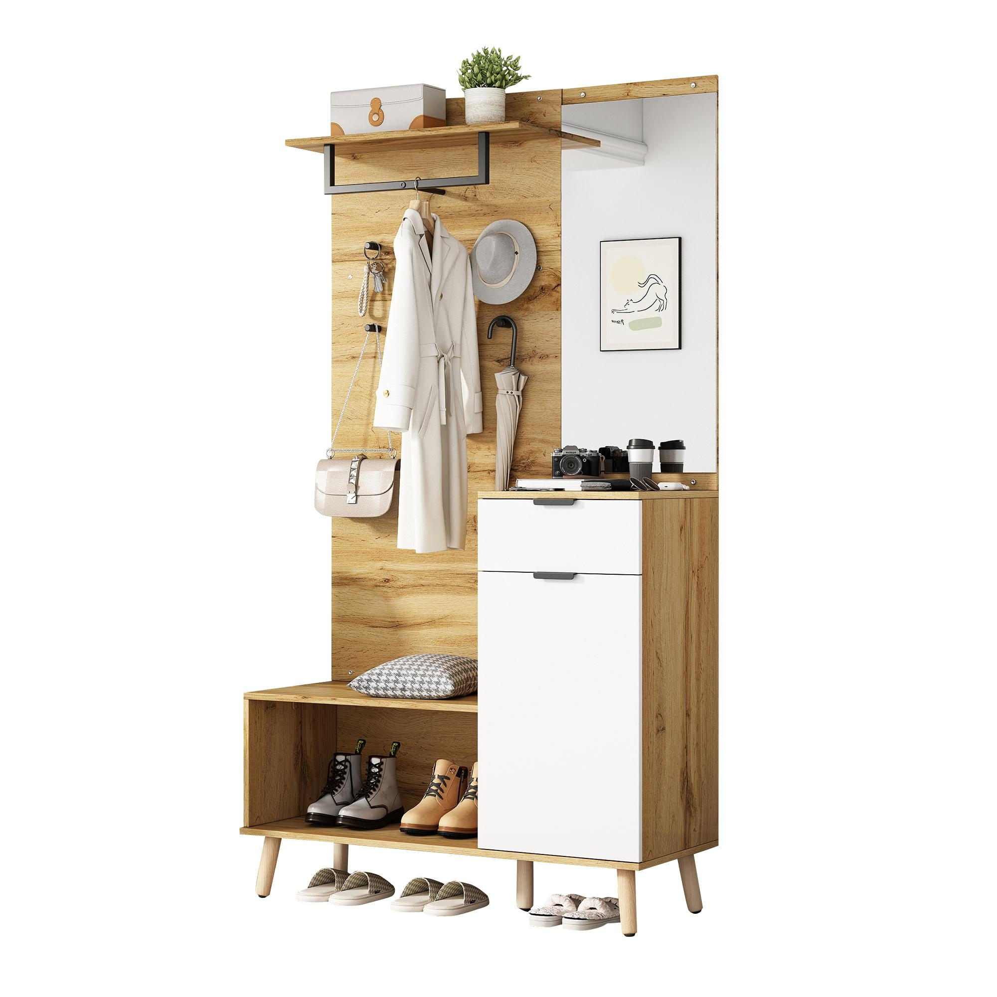 Flurmöbelset mit Spiegel, Garderobe, Schuhaufbewahrung. Farben: Holzmaserung, Weiß, Schwarz. Zubehör sichtbar.