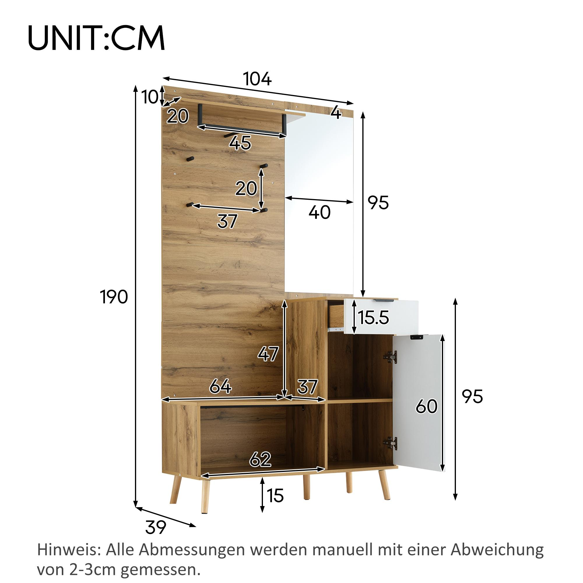 Flur-Aufbewahrungseinheit mit Maßen. Zeigt Details der Einheit.