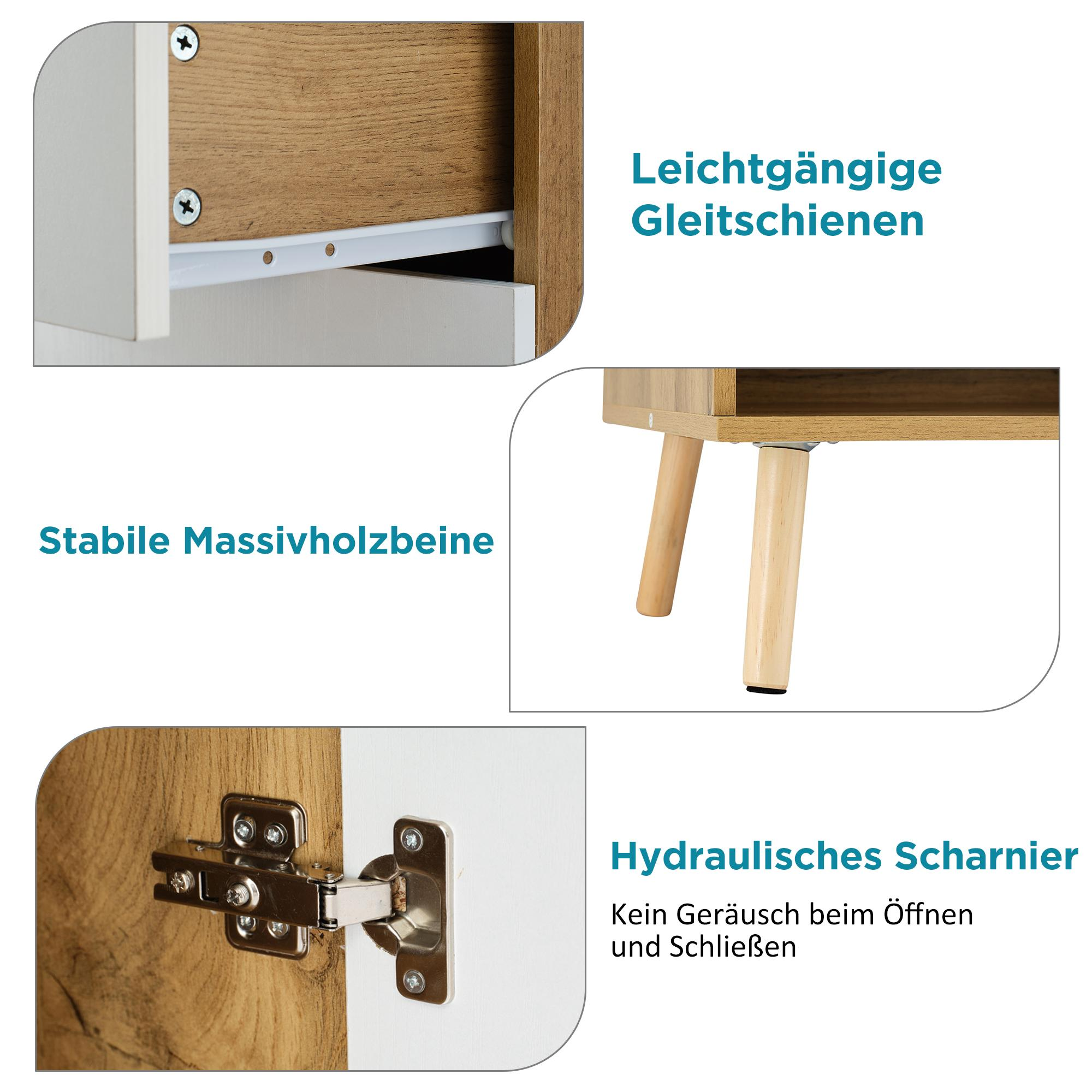 Möbeldetails umfassen Schubladenschienen, Holzbeine und ein hydraulisches Scharnier. Farben: Weiß, Braun.