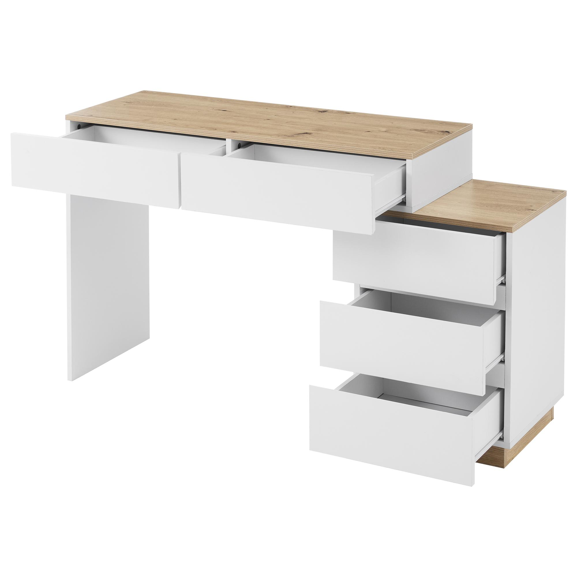 Weißer Schreibtisch mit Holzplatte und Schubladen. Geöffnete Schubladen zeigen weiße Innenräume. Minimalistisches Design.
