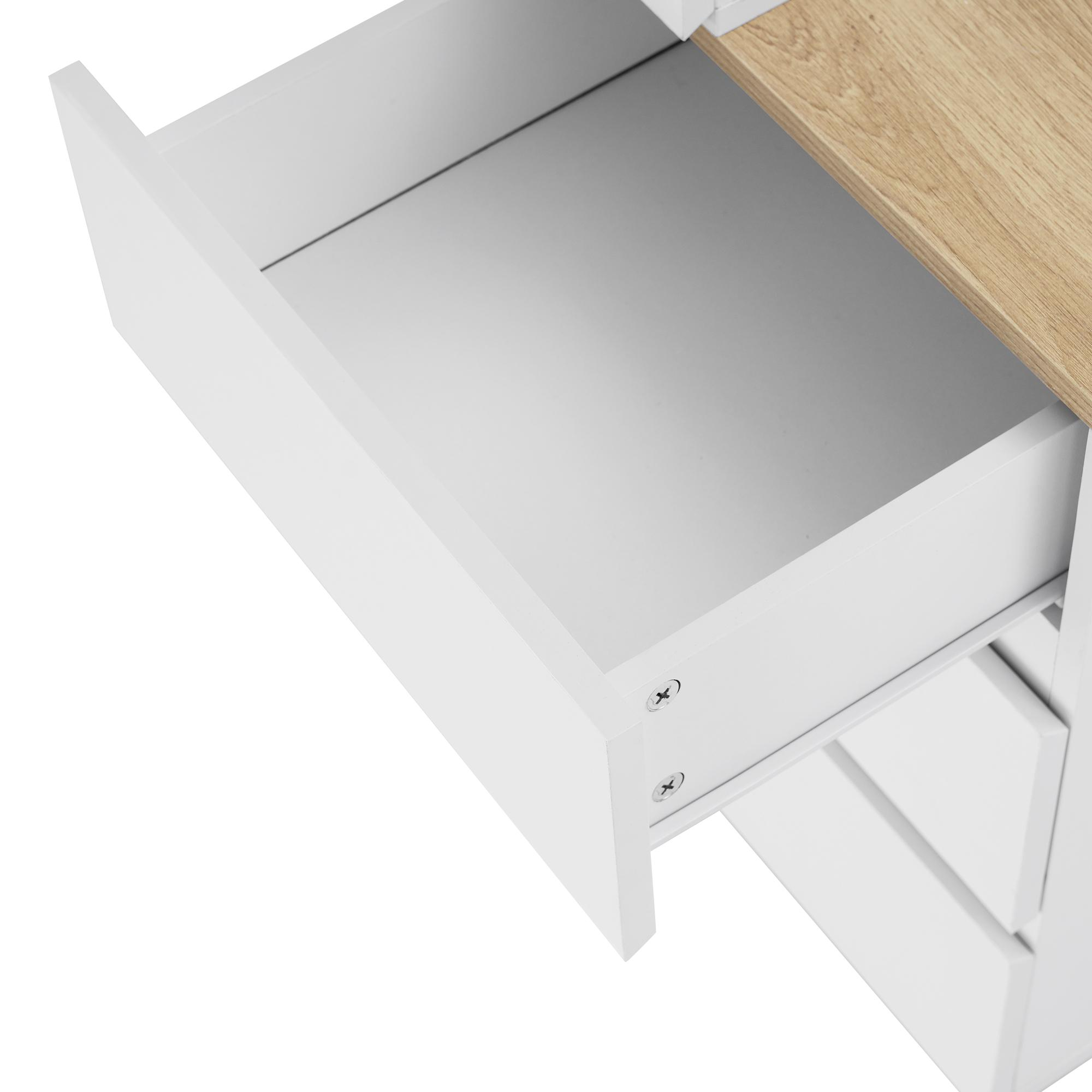 Nahaufnahme einer geöffneten Schreibtischschublade. Weißer Innenraum, Holzplatte und Schrauben sichtbar. Modernes Design.