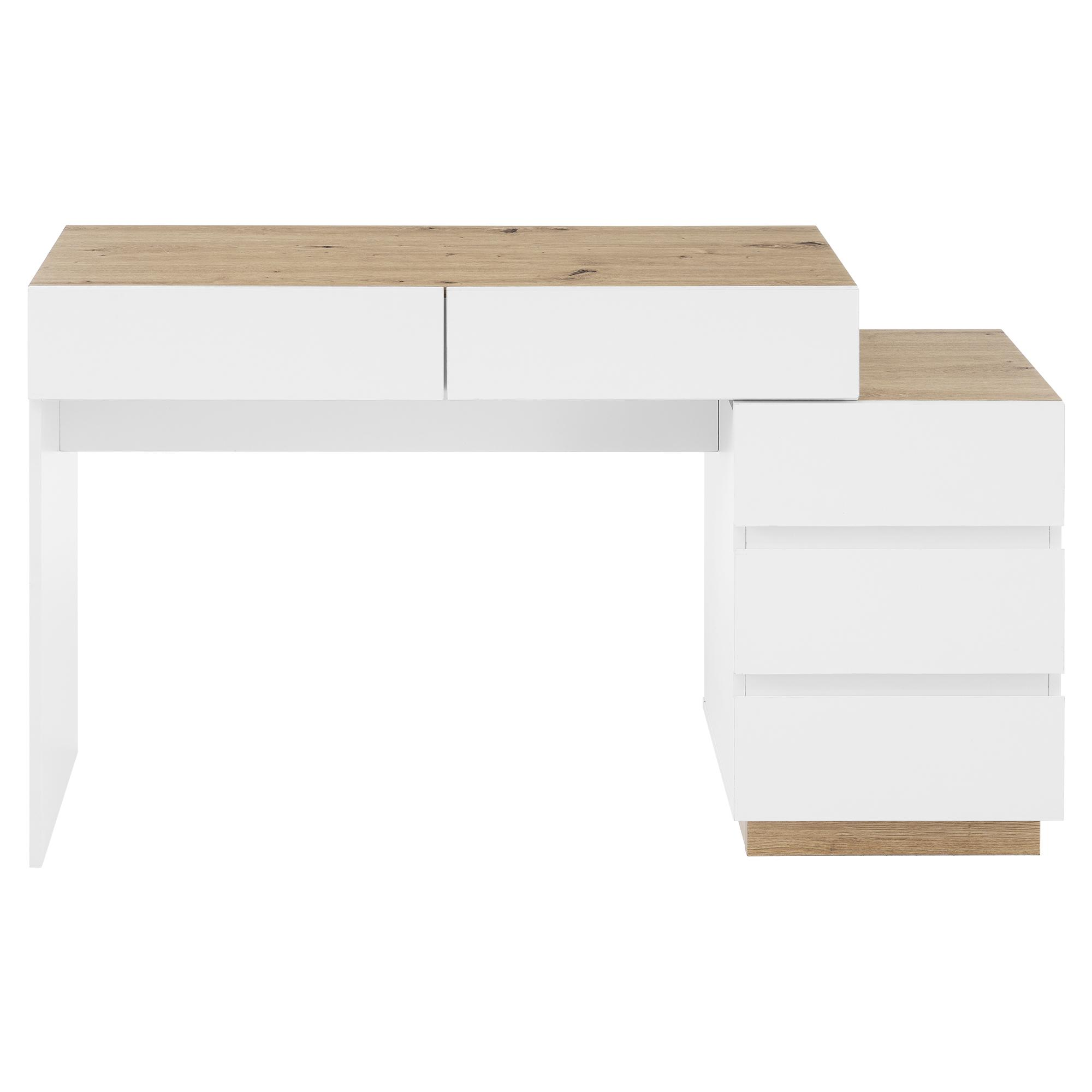 Weißer und holzfarbener Schreibtisch mit Schubladen. Er hat ein modernes Design und steht vor weißem Hintergrund.