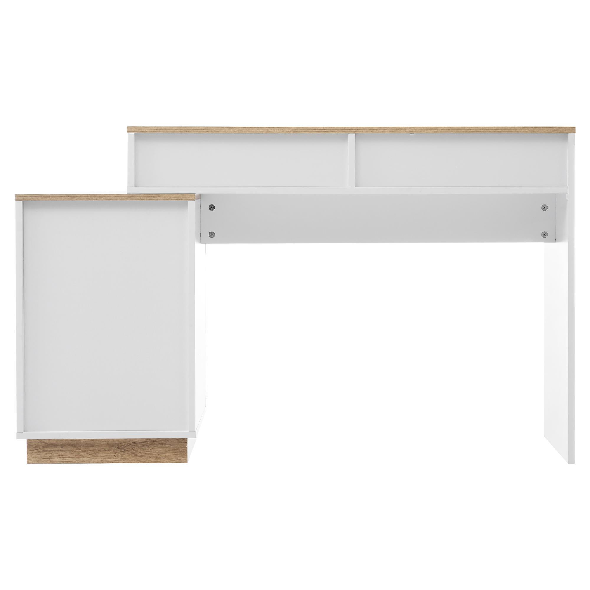 Weißer Schreibtisch mit Holzplatte und Seite, offene Schubladen. Klares, modernes Design. Isoliert auf Weiß.