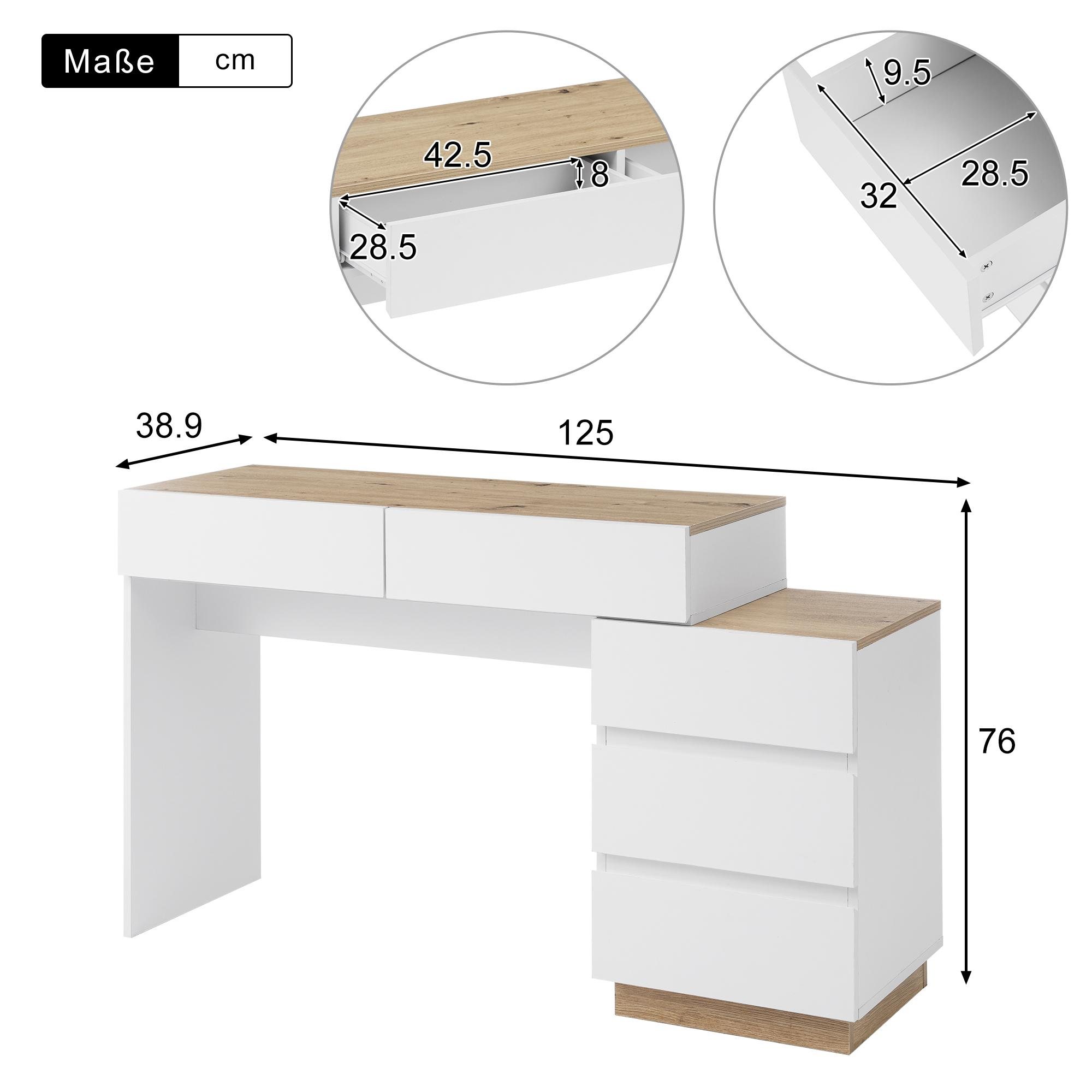 Schreibtischmaße und Details. Weißer Schreibtisch mit Holzplatte. Maße werden in cm angezeigt.
