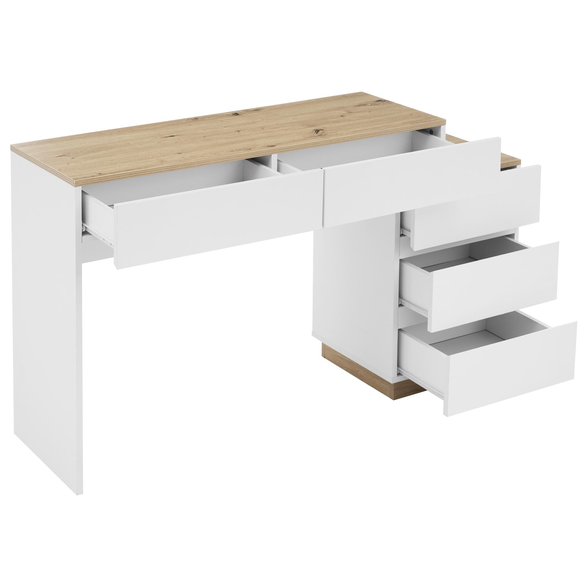 Weißer Schreibtisch mit offenen Schubladen und Holzfarbton. Modernes Design auf weißem Hintergrund.