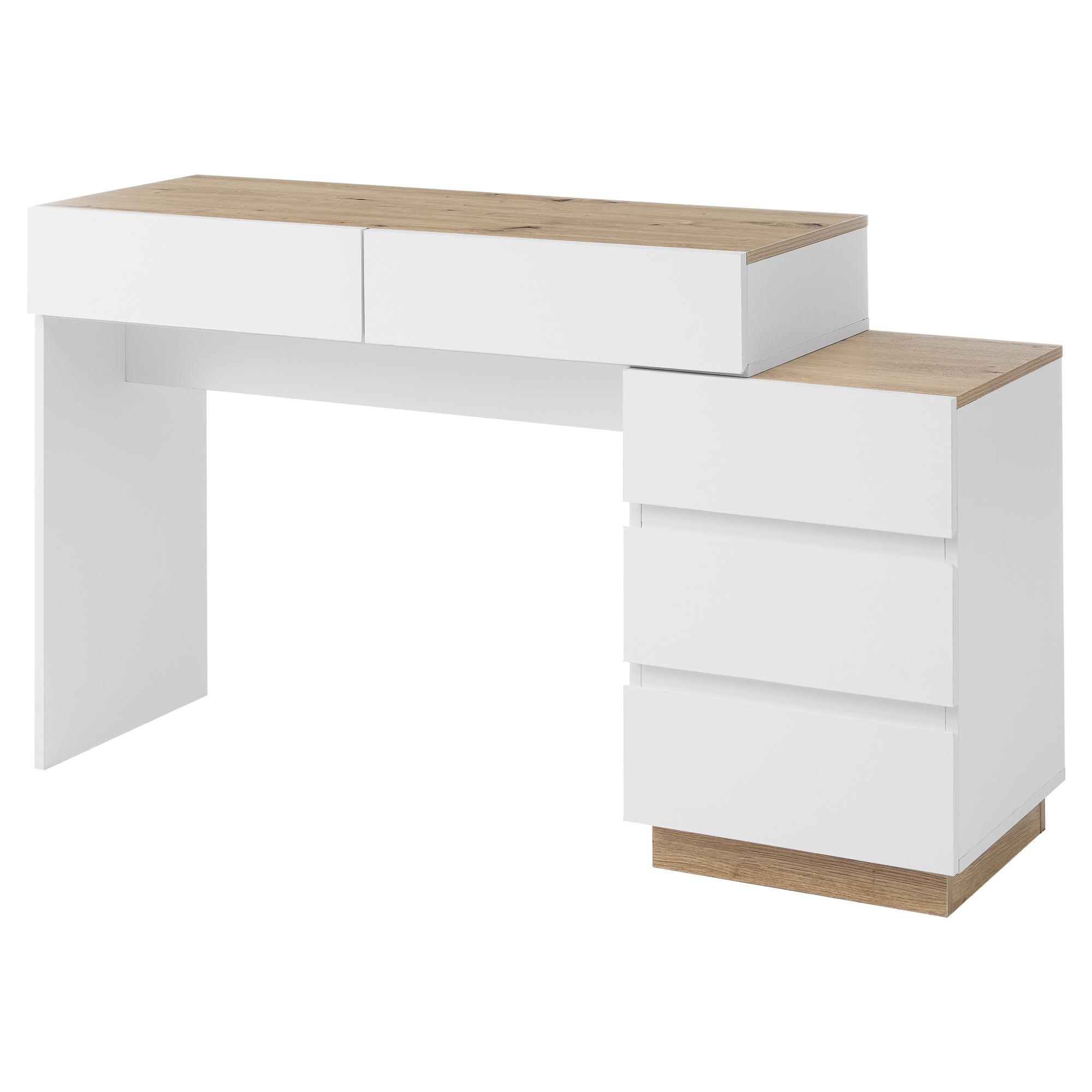 Ein weißer Schreibtisch mit Akzenten in Holzoptik. Er hat Schubladen und ein modernes Design. Weißer Hintergrund.