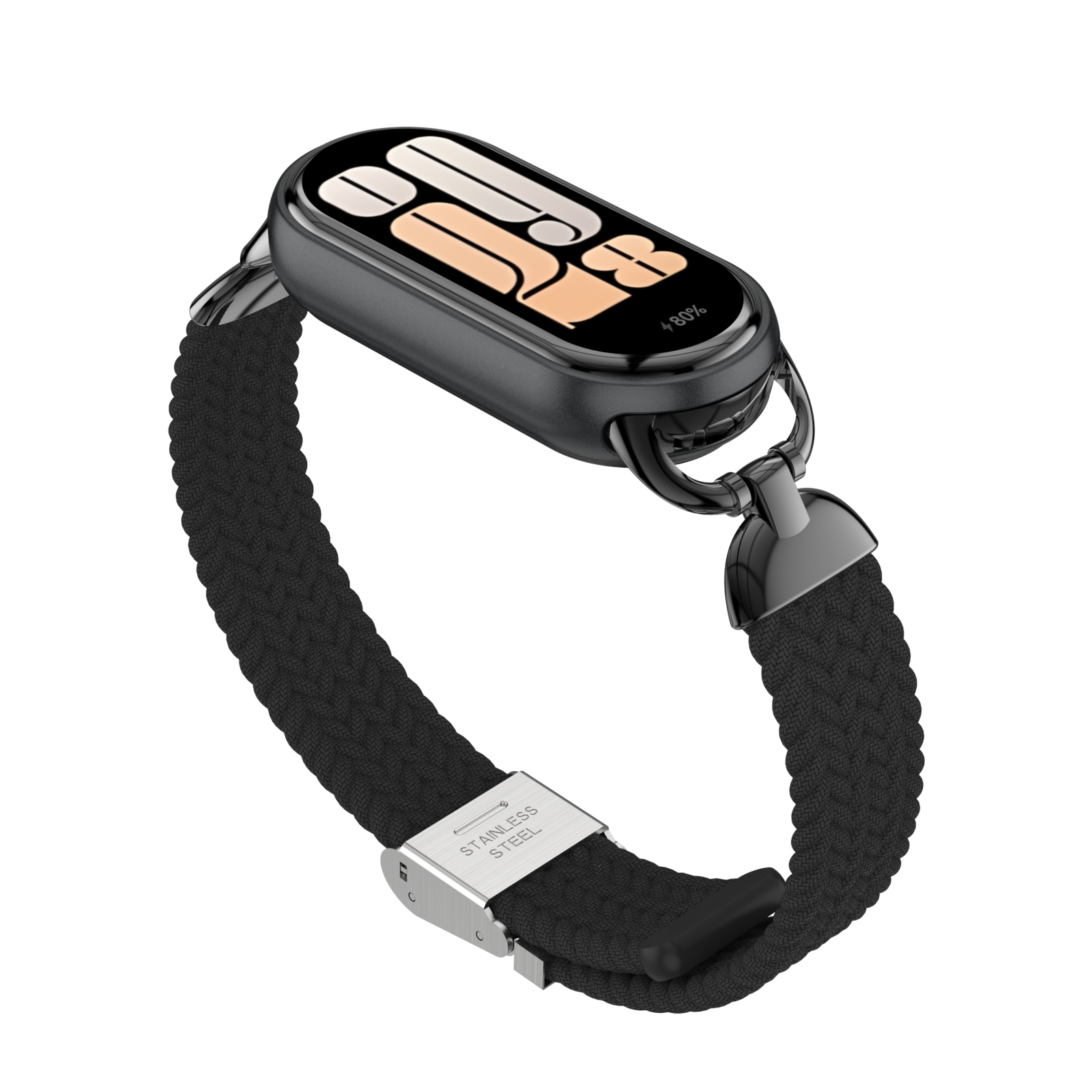 Schwarze Smartwatch mit schwarzem gewebtem Armband und Edelstahlschnalle.