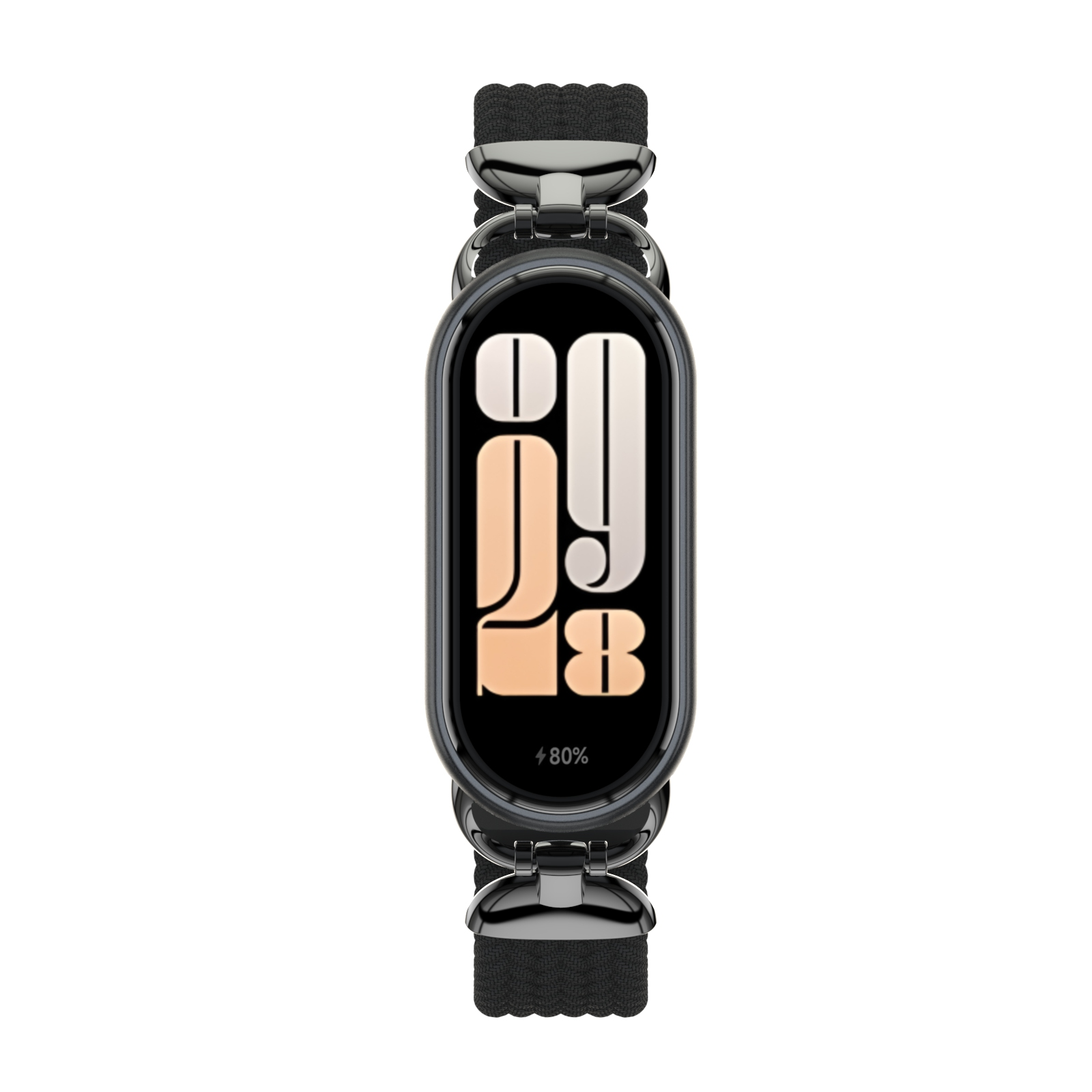 Schwarze Uhr mit schwarzem und silbernem Armband. Der Bildschirm zeigt Uhrzeit und Akkustand.