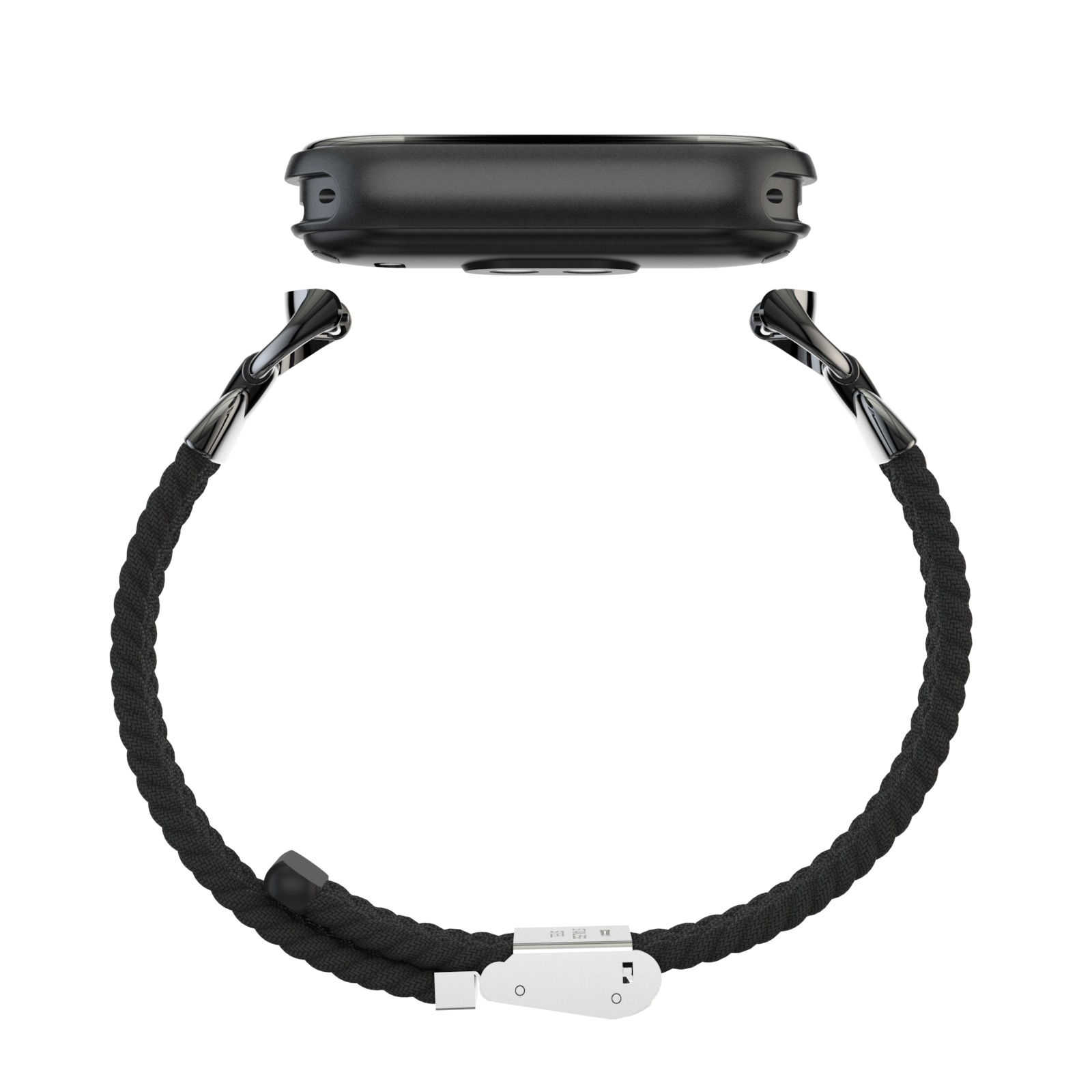 Schwarzes geflochtenes Uhrenarmband mit silbernem Verschluss. Das Band ist mit einer Uhr verbunden.