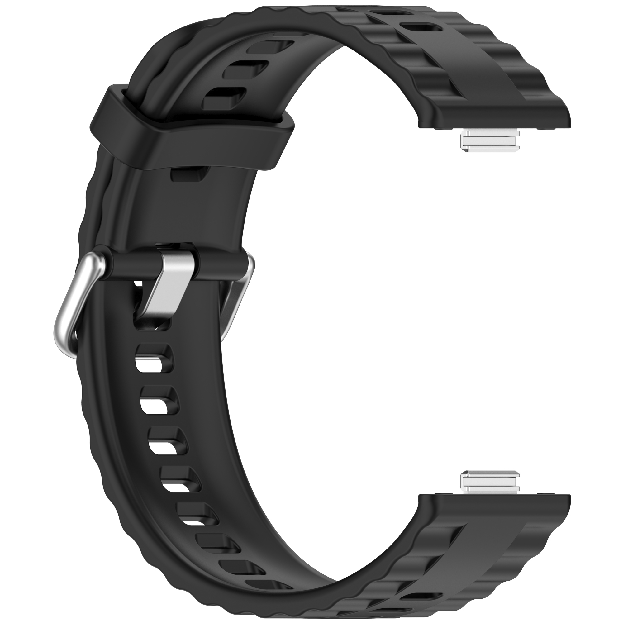 Schwarzes Uhrenarmband. Es hat eine Schnalle und ein strukturiertes Band.