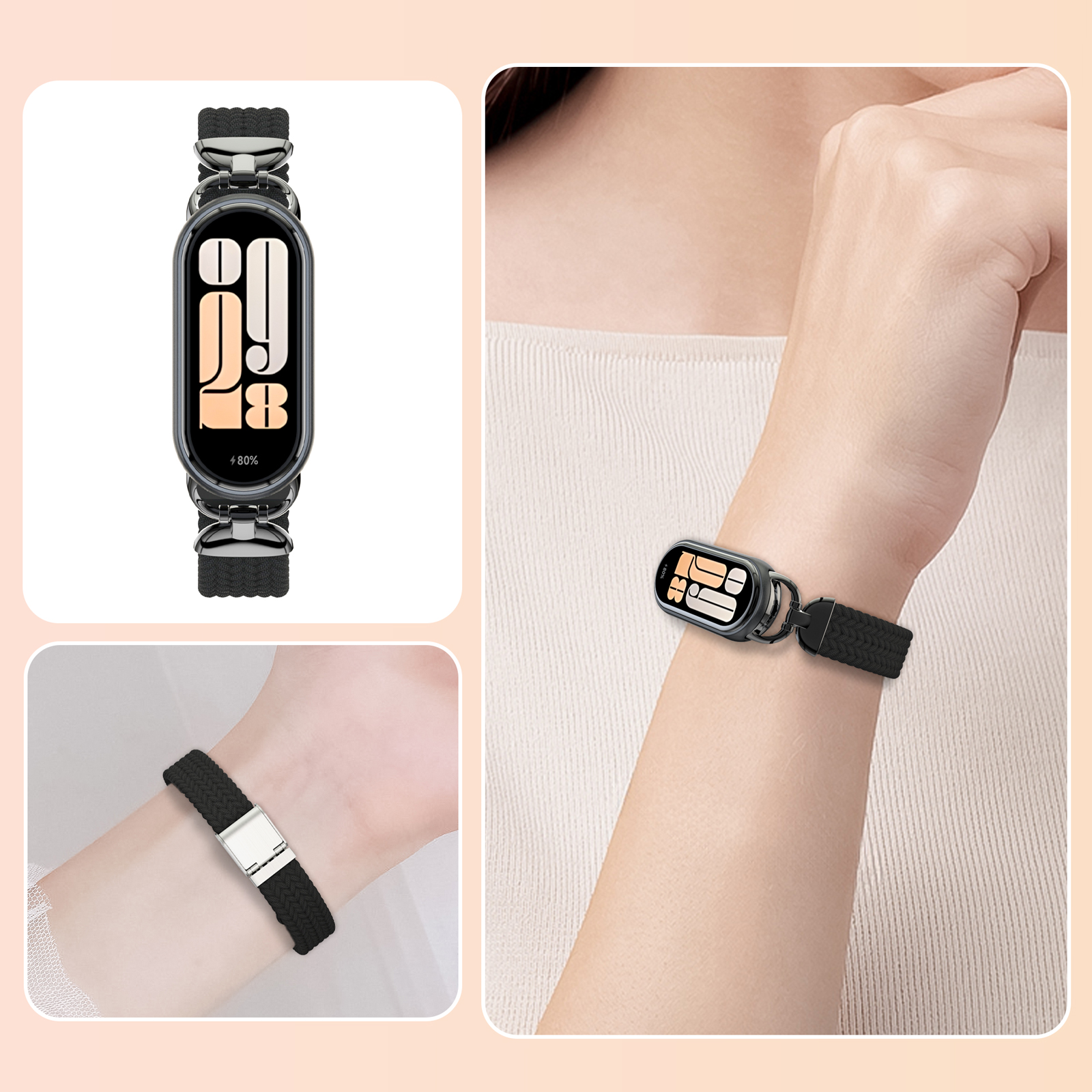 Bilder einer Smartwatch und Armbänder. Eines am Handgelenk, eines auf dem Tisch.