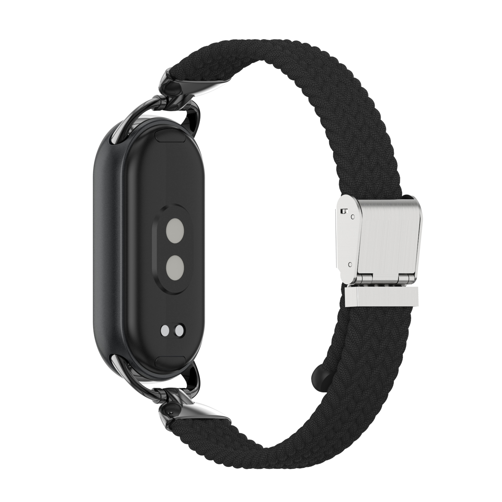 Schwarze Smartwatch mit schwarzem Armband. Das Band ist rund und hat einen Metallverschluss.