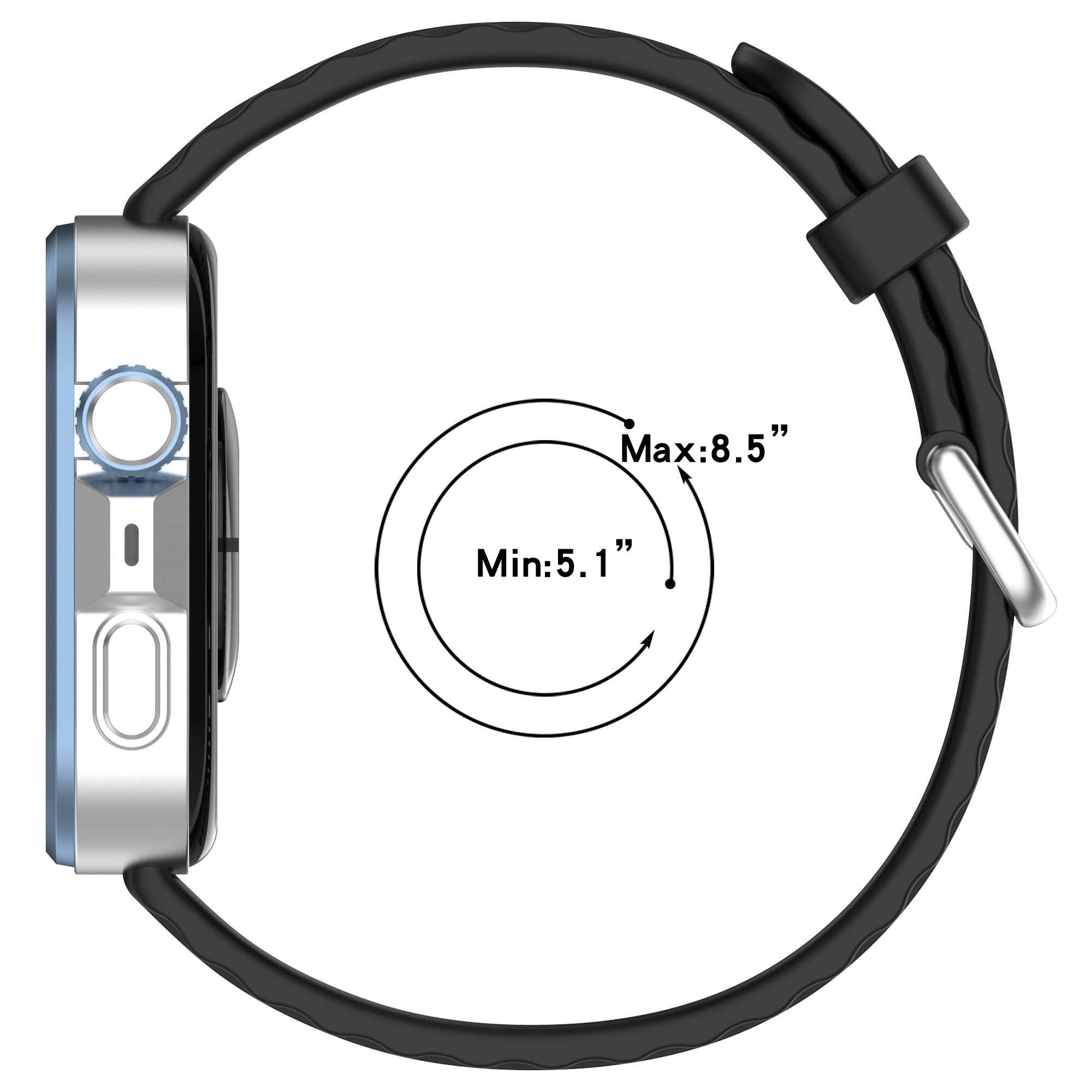 Smartwatch mit schwarzem Band. Ein Pfeil und Text zeigen den Größenbereich an.