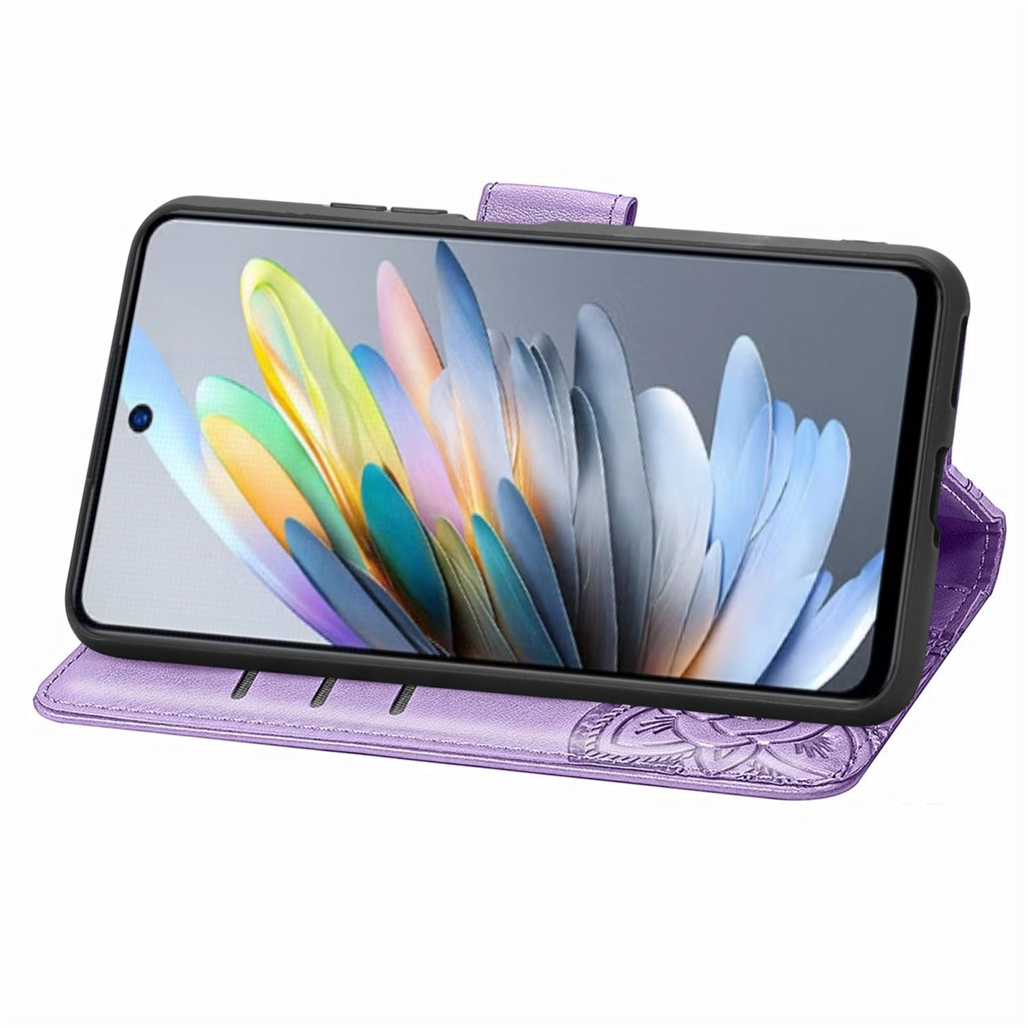 Lila Handyhülle mit Handy darin. Das Handy zeigt ein farbenfrohes Bild.