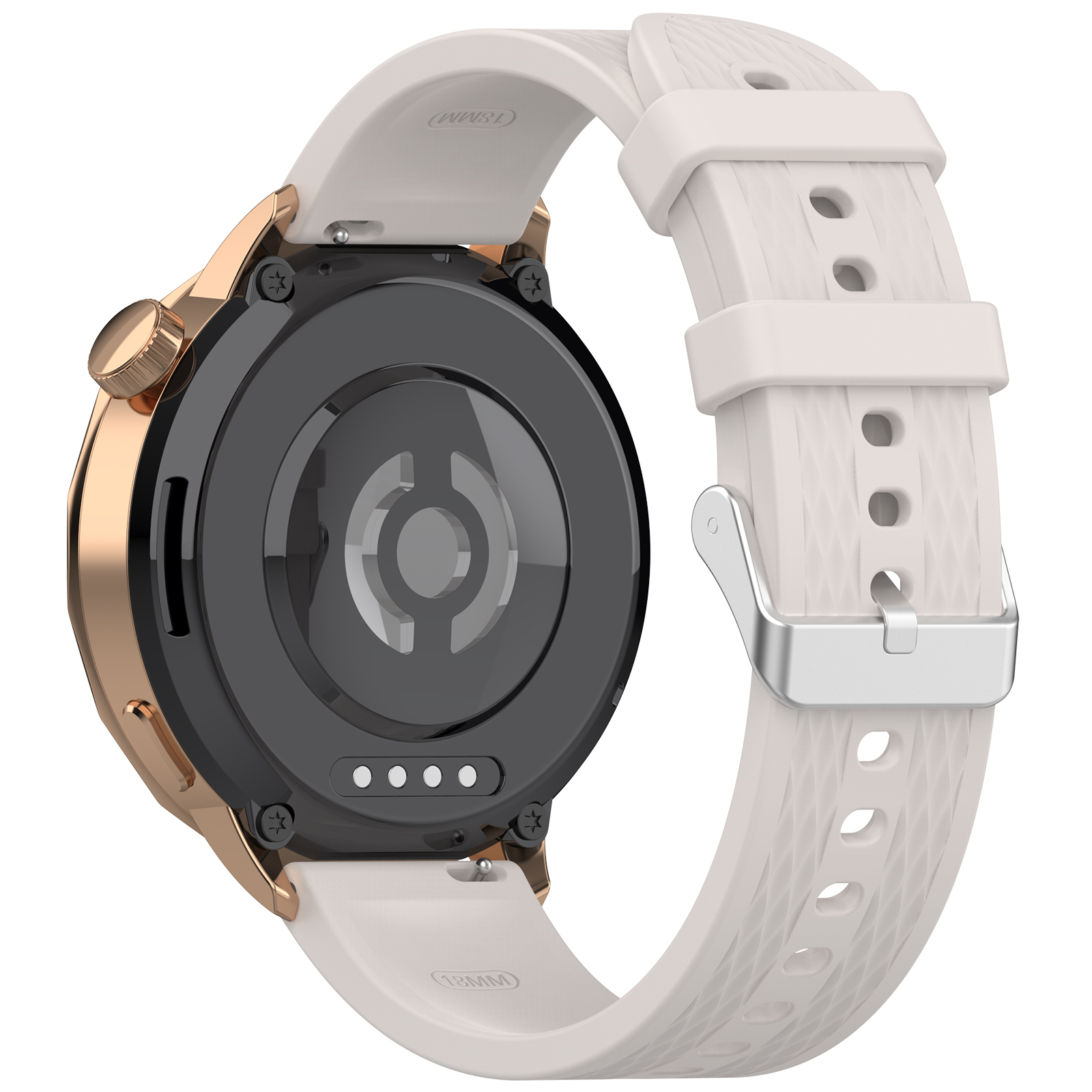 Orologio oro rosa con cinturino bianco. Il retro dell'orologio mostra il sensore e il marchio. Sfondo bianco.
