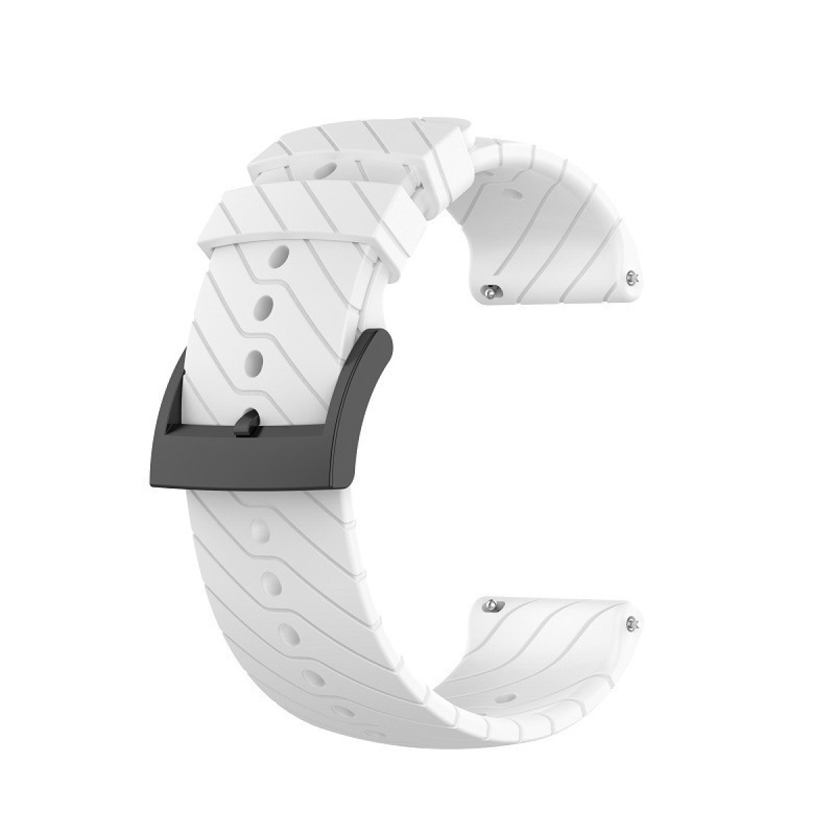 Cinturino bianco con fibbia nera. Il cinturino ha un design a strisce.