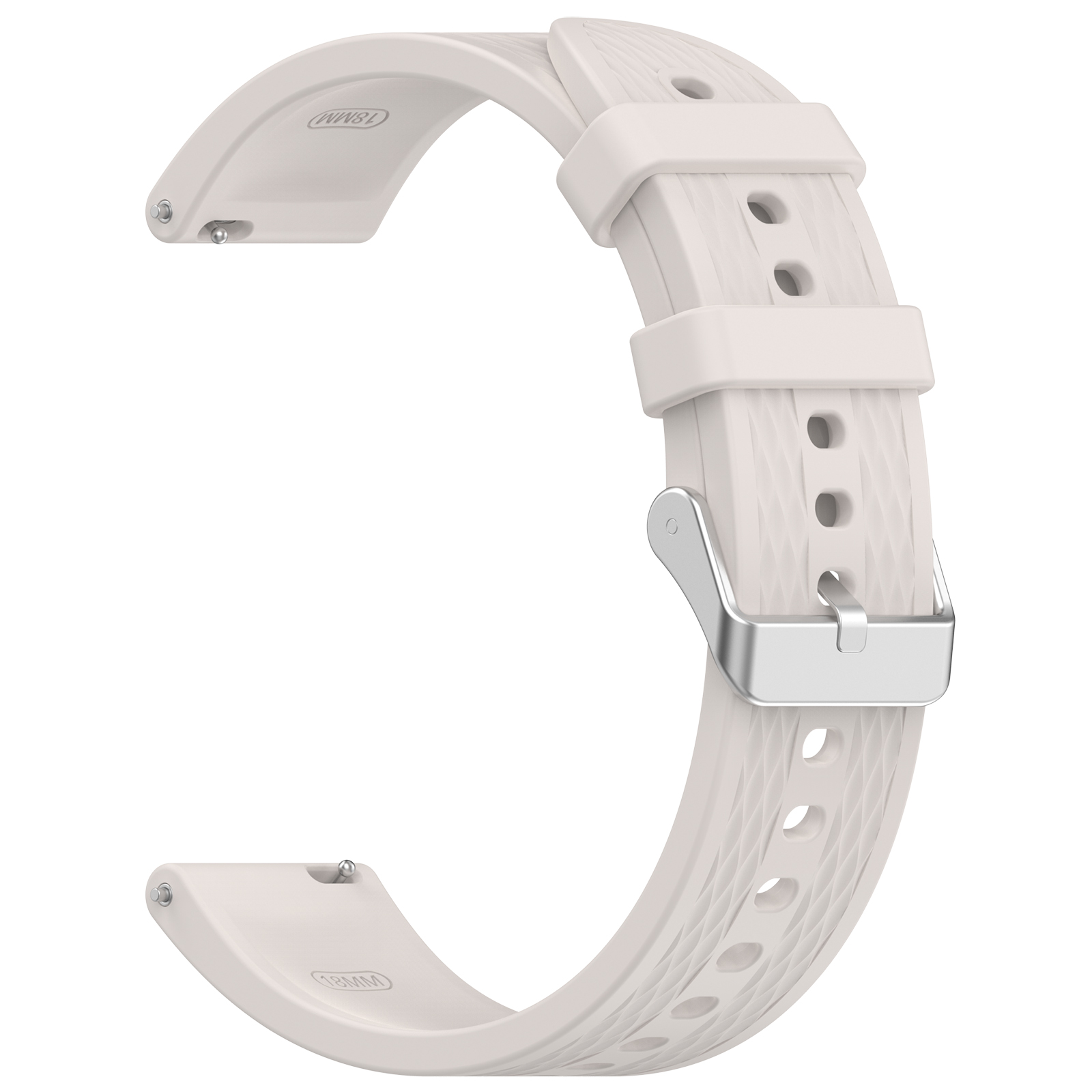 Cinturino bianco con chiusura argentata. Il cinturino ha un motivo strutturato. Sfondo bianco.