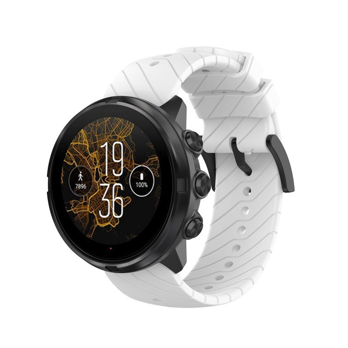 Orologio bianco con quadrante nero e cinturino bianco. L'orologio mostra ora e dati.